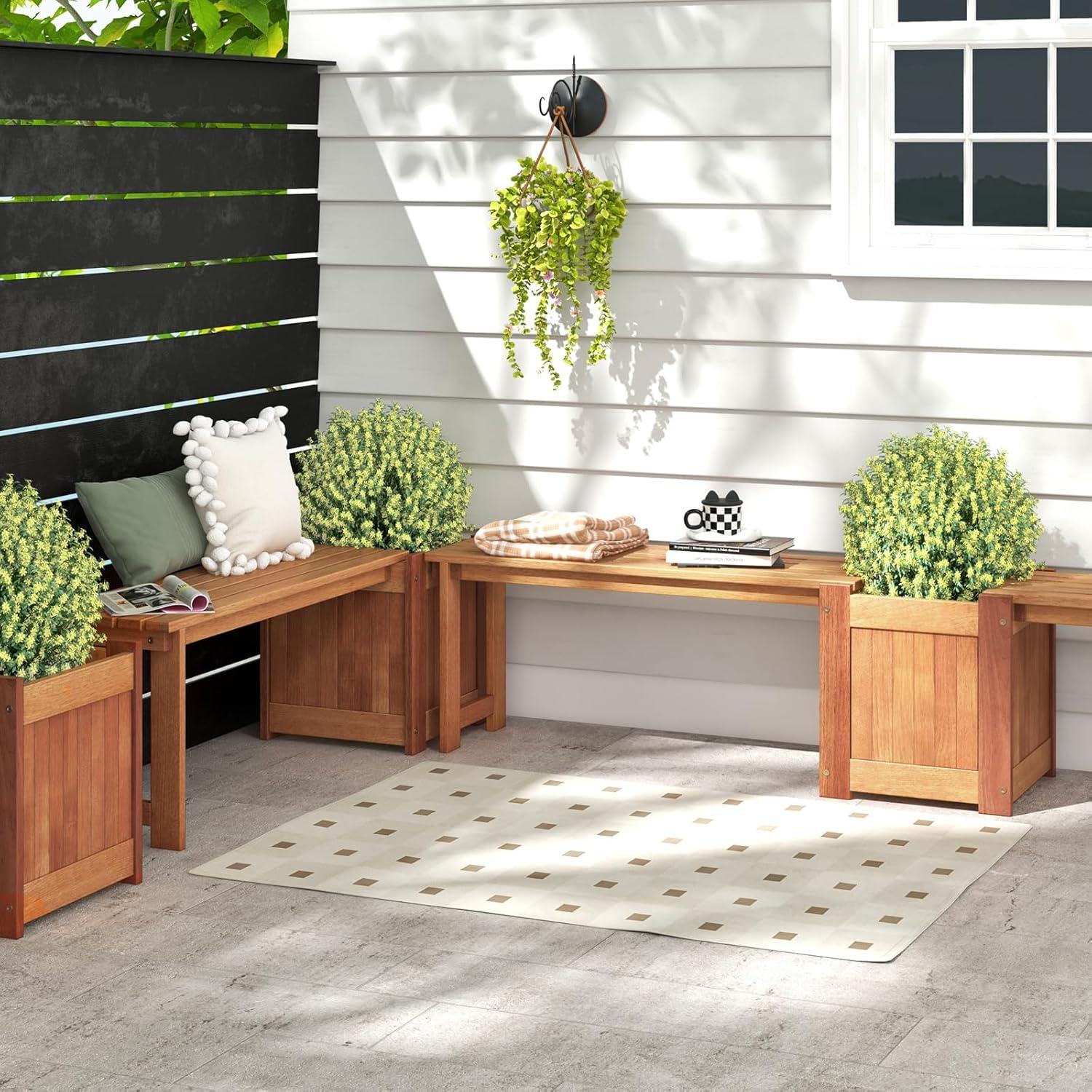 image:imageGiantex 2in1 Outdoor Bench with 2 Raised Garden Beds Wood with Teak Oil Finish Planter Boxes with OpenEnded Base Garden Bench Seat for Porch Balcony Lawn Yard DIY Assembly 42x11x115Teak