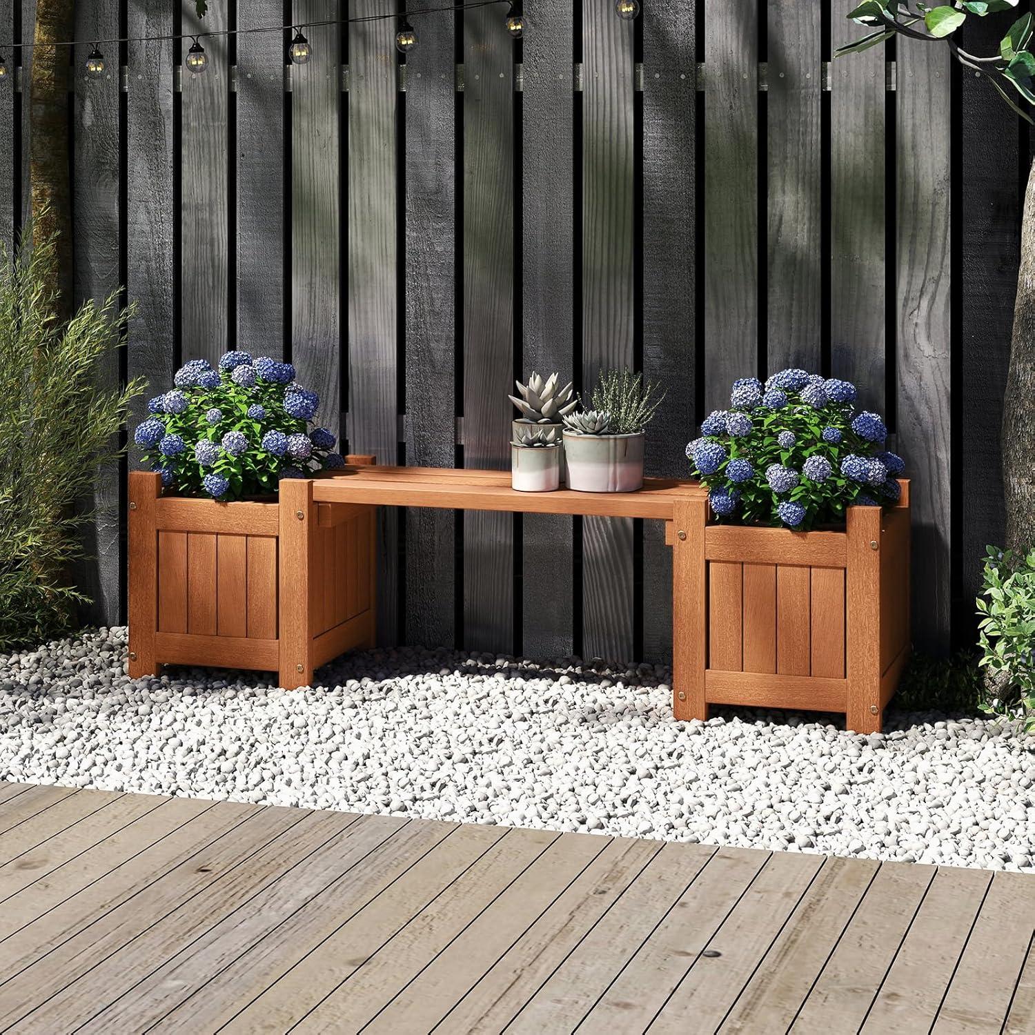 image:imageGiantex 2in1 Outdoor Bench with 2 Raised Garden Beds Wood with Teak Oil Finish Planter Boxes with OpenEnded Base Garden Bench Seat for Porch Balcony Lawn Yard DIY Assembly 42x11x115Teak