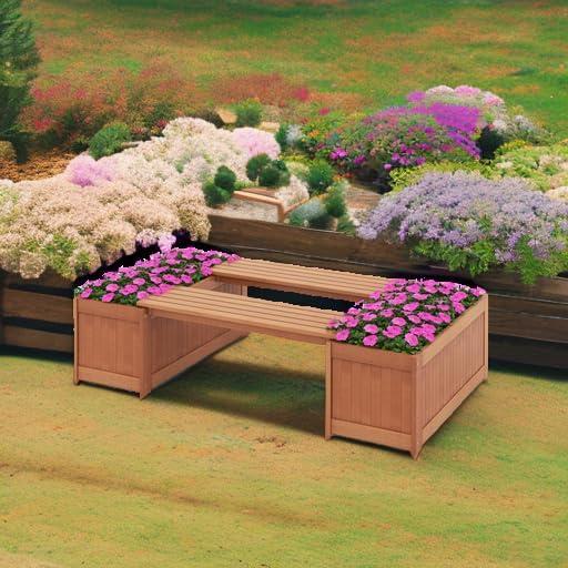 image:imageGiantex 2in1 Outdoor Bench with 2 Raised Garden Beds Wood with Teak Oil Finish Planter Boxes with OpenEnded Base Garden Bench Seat for Porch Balcony Lawn Yard DIY Assembly 42x11x115Teak