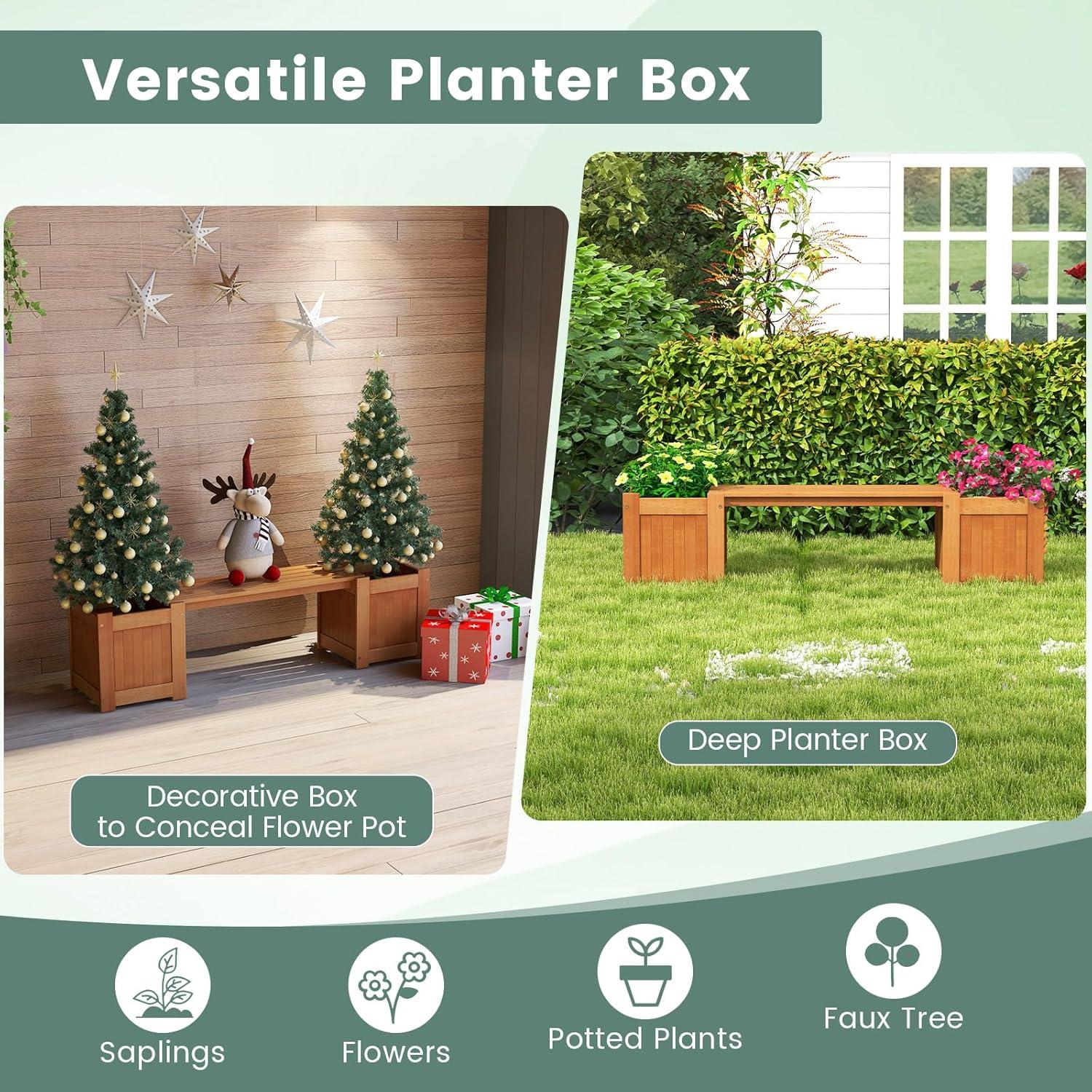 image:imageGiantex 2in1 Outdoor Bench with 2 Raised Garden Beds Wood with Teak Oil Finish Planter Boxes with OpenEnded Base Garden Bench Seat for Porch Balcony Lawn Yard DIY Assembly 42x11x115Teak