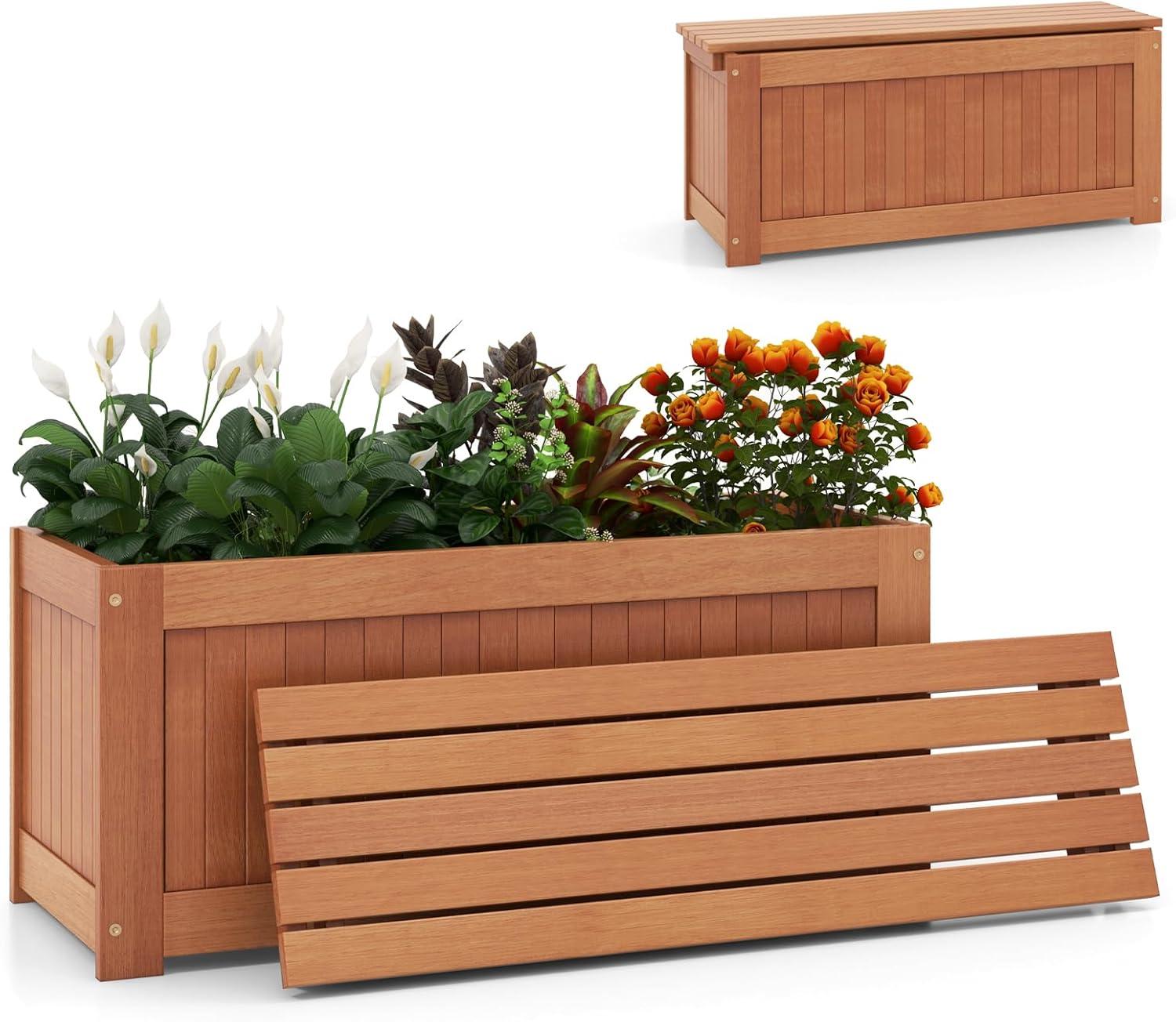 image:imageGiantex 2in1 Outdoor Bench with 2 Raised Garden Beds Wood with Teak Oil Finish Planter Boxes with OpenEnded Base Garden Bench Seat for Porch Balcony Lawn Yard DIY Assembly 42x11x115Teak