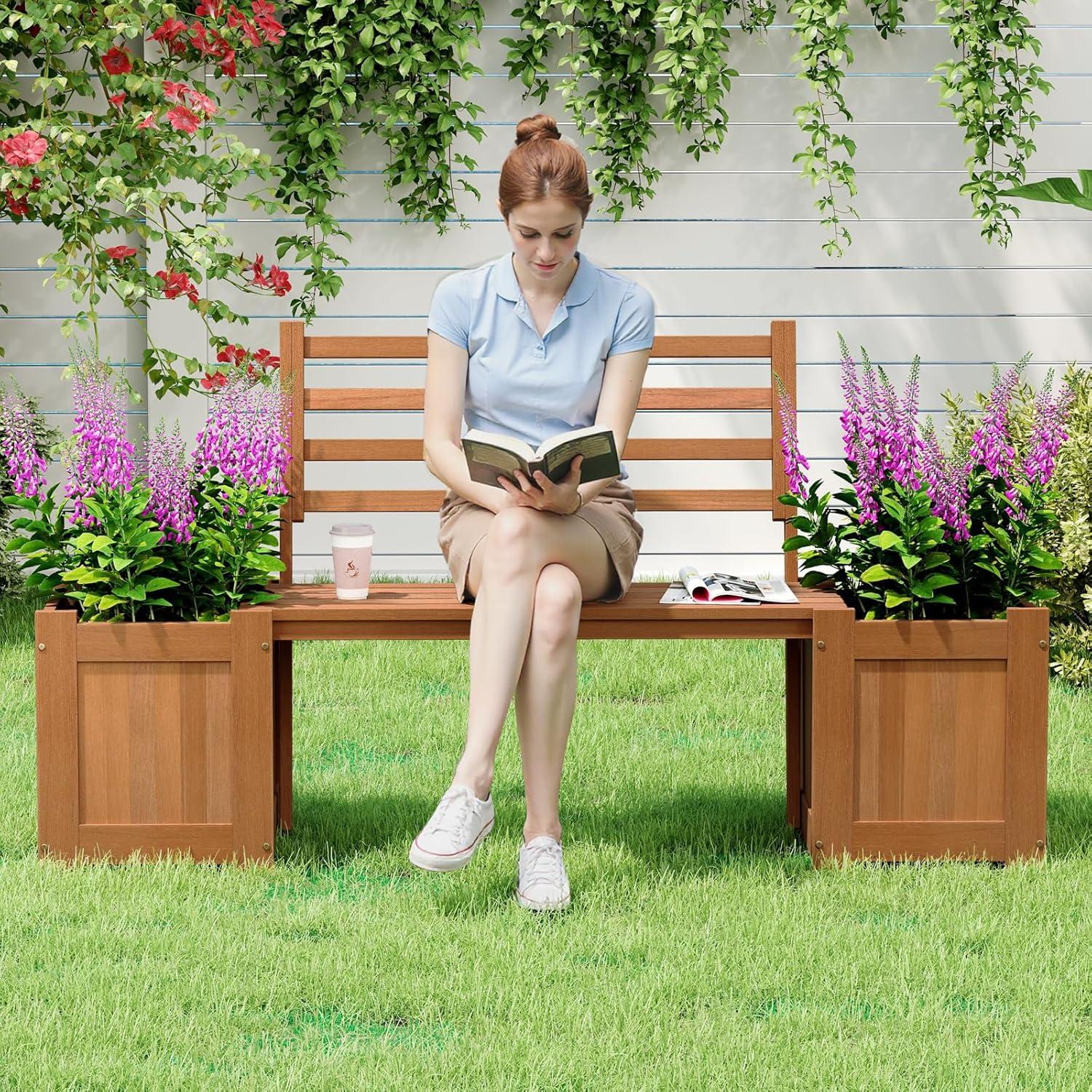 image:imageGiantex 2in1 Outdoor Bench with 2 Raised Garden Beds Wood with Teak Oil Finish Planter Boxes with OpenEnded Base Garden Bench Seat for Porch Balcony Lawn Yard DIY Assembly 42x11x115Teak