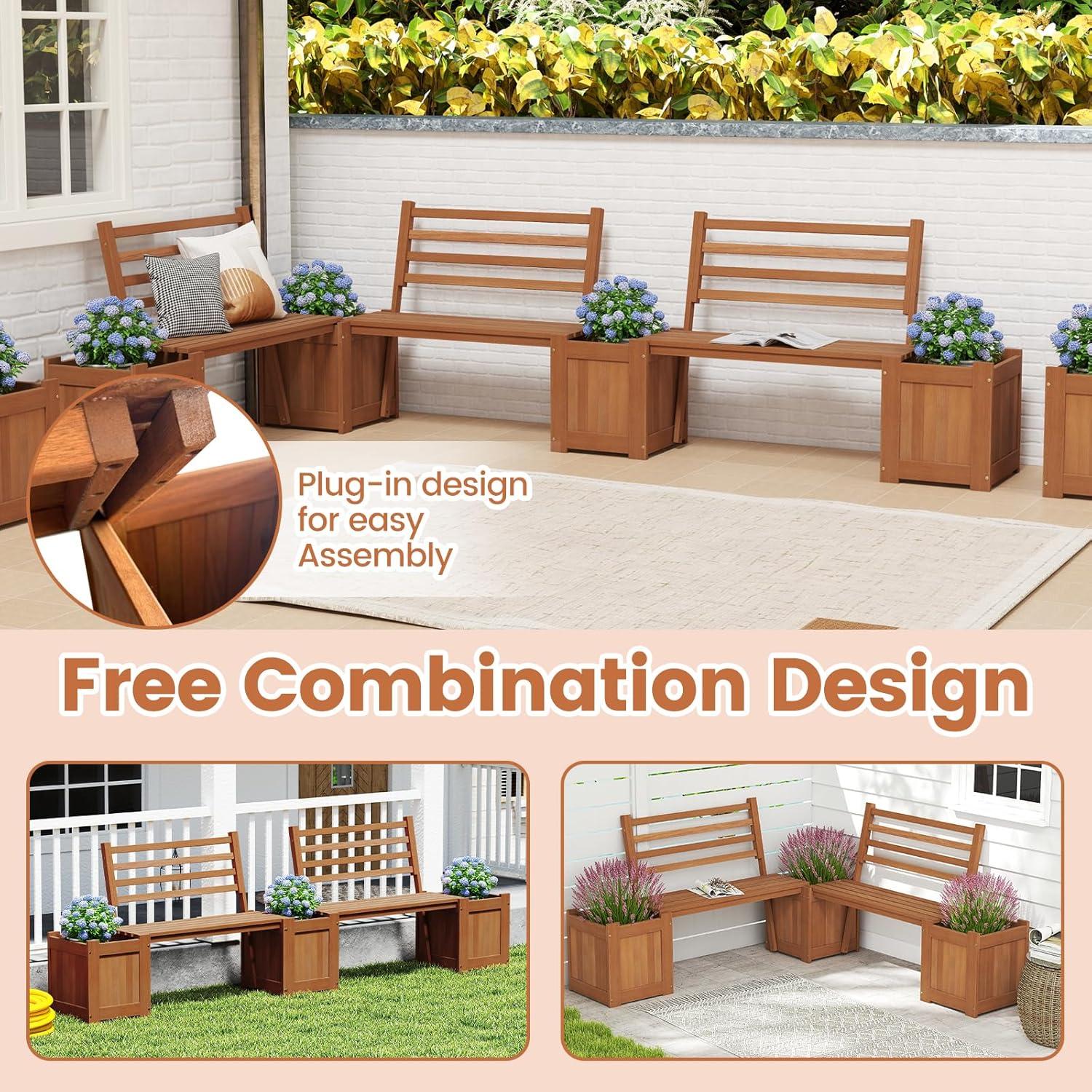image:imageGiantex 2in1 Outdoor Bench with 2 Raised Garden Beds Wood with Teak Oil Finish Planter Boxes with OpenEnded Base Garden Bench Seat for Porch Balcony Lawn Yard DIY Assembly 42x11x115Teak