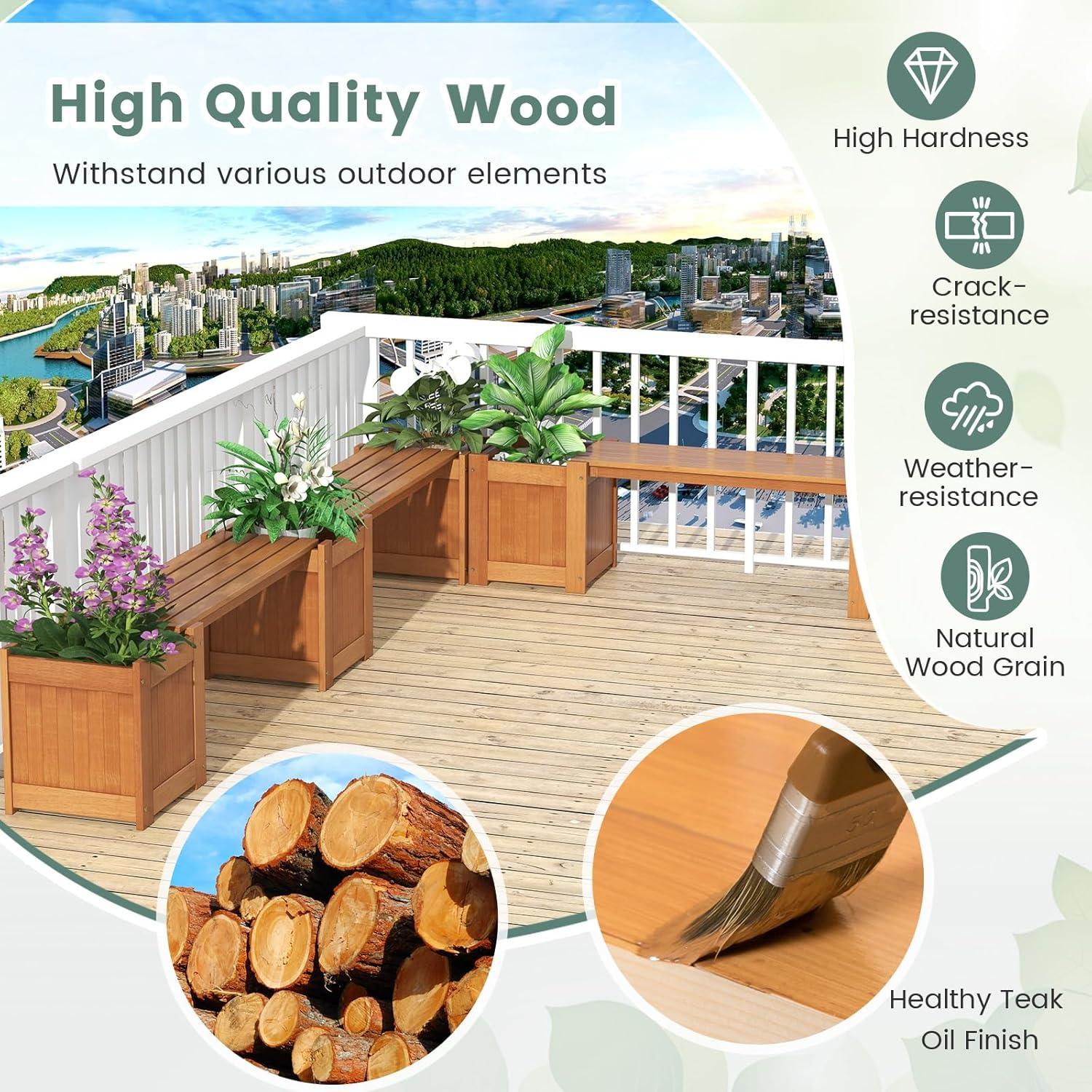 image:imageGiantex 2in1 Outdoor Bench with 2 Raised Garden Beds Wood with Teak Oil Finish Planter Boxes with OpenEnded Base Garden Bench Seat for Porch Balcony Lawn Yard DIY Assembly 42x11x115Teak