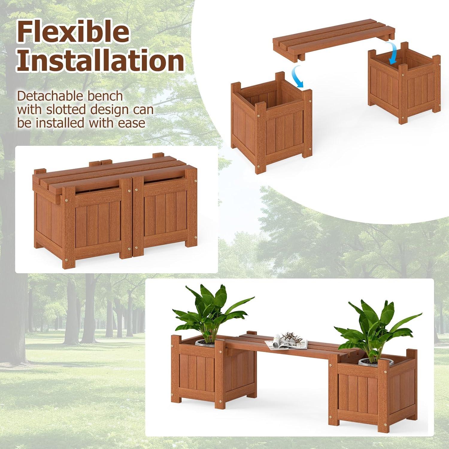 image:imageGiantex 2in1 Outdoor Bench with 2 Raised Garden Beds Wood with Teak Oil Finish Planter Boxes with OpenEnded Base Garden Bench Seat for Porch Balcony Lawn Yard DIY Assembly 42x11x115Teak