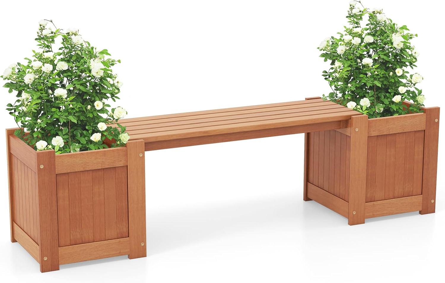 image:imageGiantex 2in1 Outdoor Bench with 2 Raised Garden Beds Wood with Teak Oil Finish Planter Boxes with OpenEnded Base Garden Bench Seat for Porch Balcony Lawn Yard DIY Assembly 42x11x115Teak