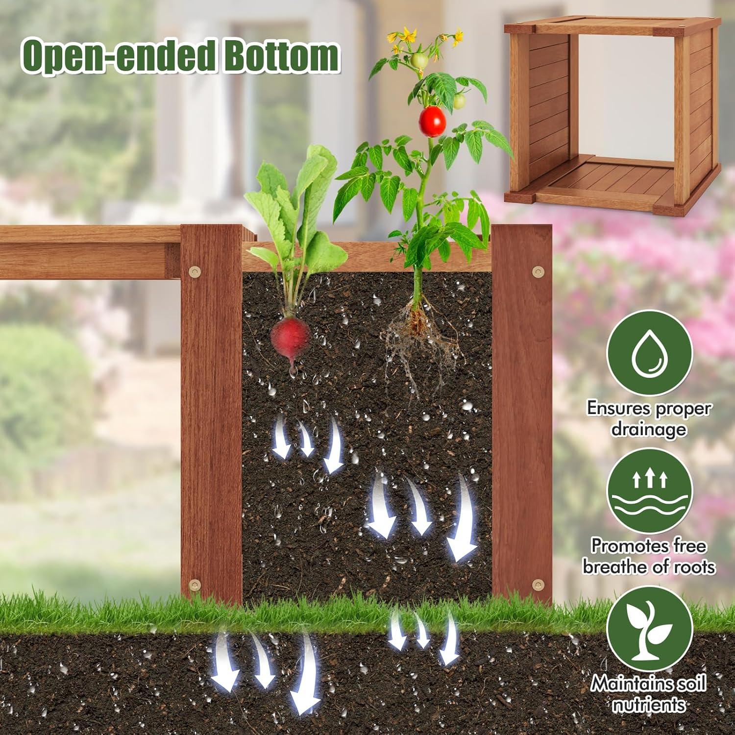 image:imageGiantex 2in1 Outdoor Bench with 2 Raised Garden Beds Wood with Teak Oil Finish Planter Boxes with OpenEnded Base Garden Bench Seat for Porch Balcony Lawn Yard DIY Assembly 42x11x115Teak