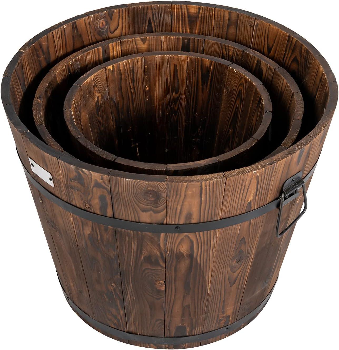 image:imageGiantex 3 Pieces Barrel Planter Wood Bucket Raised Beds for Plants Herbs Veggies Indoor Outdoor Decorative Planter Box with Drainage Holes 3 Sizes