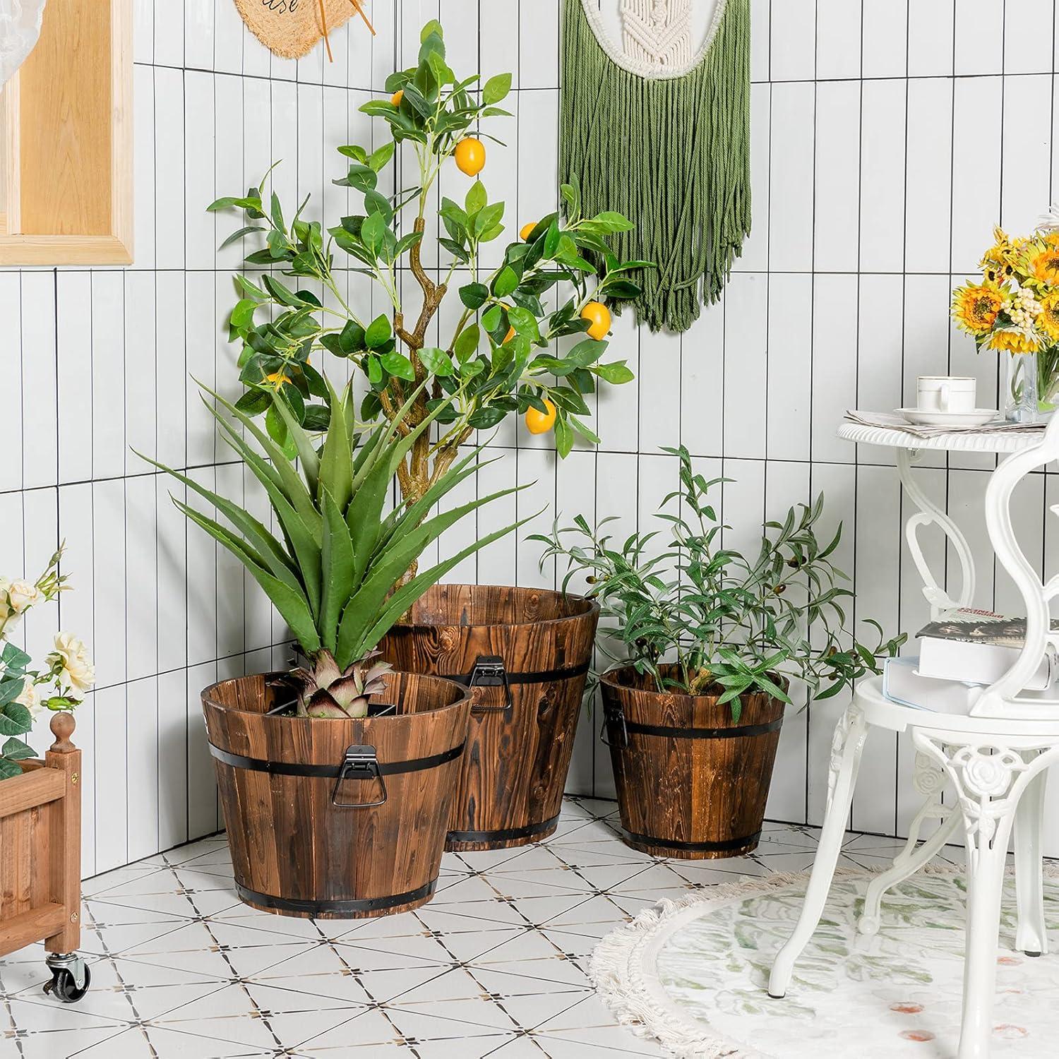 image:imageGiantex 3 Pieces Barrel Planter Wood Bucket Raised Beds for Plants Herbs Veggies Indoor Outdoor Decorative Planter Box with Drainage Holes 3 Sizes