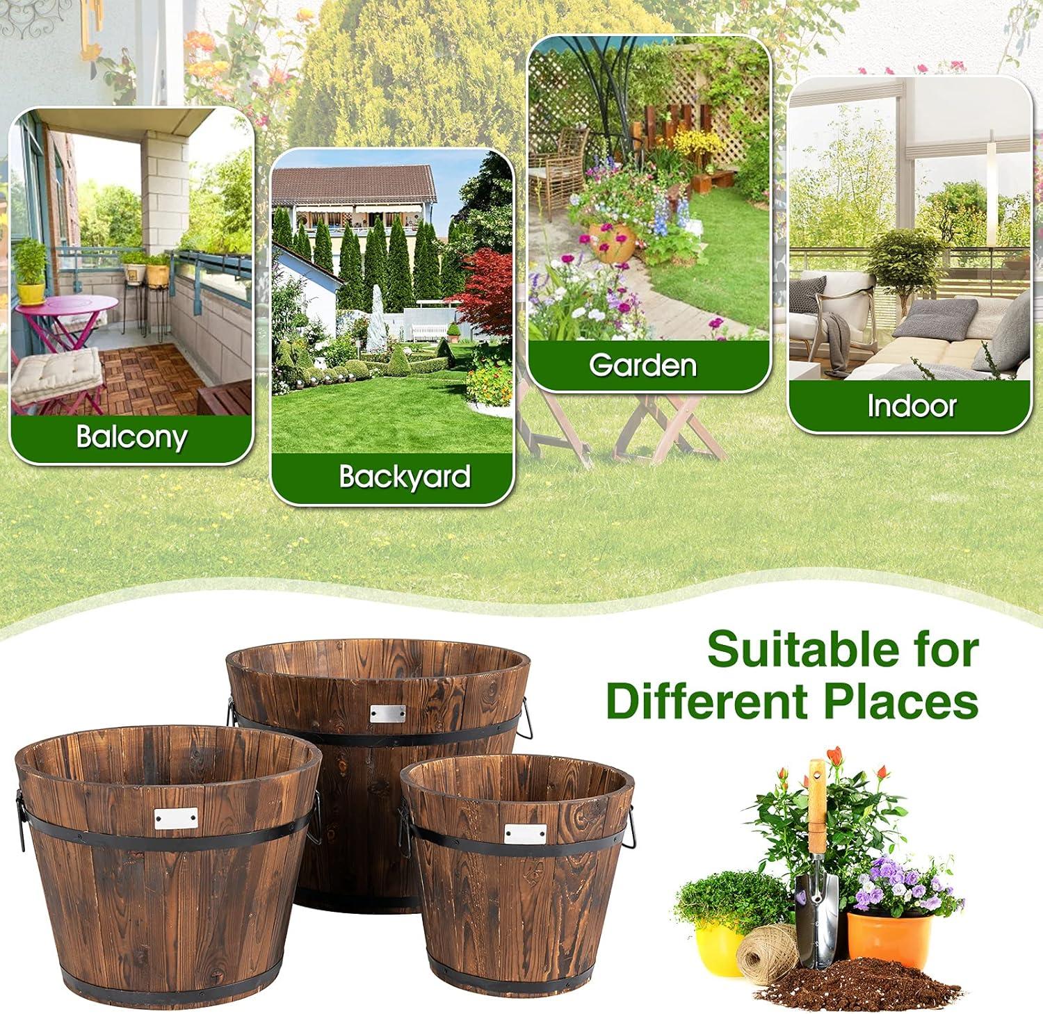 image:imageGiantex 3 Pieces Barrel Planter Wood Bucket Raised Beds for Plants Herbs Veggies Indoor Outdoor Decorative Planter Box with Drainage Holes 3 Sizes