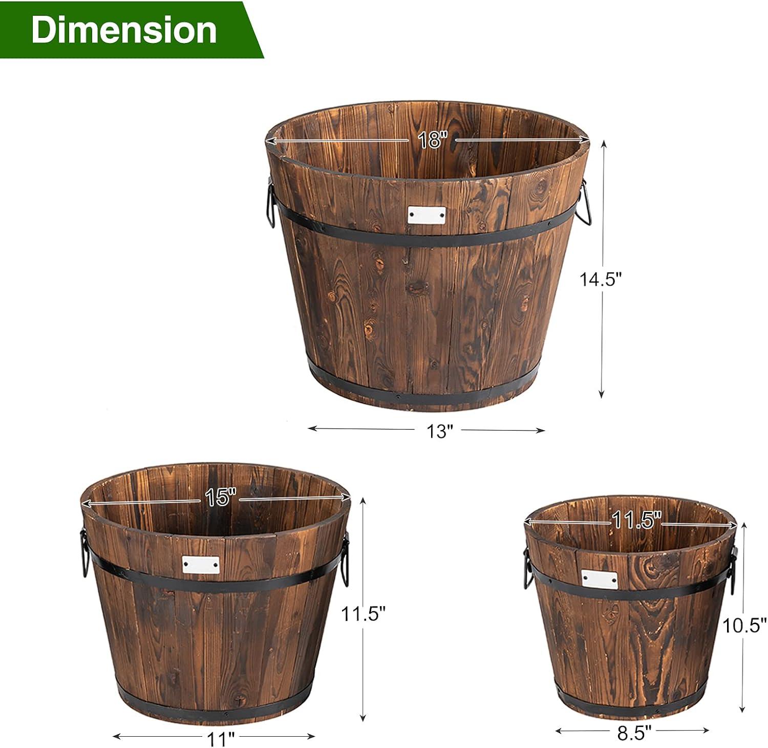 image:imageGiantex 3 Pieces Barrel Planter Wood Bucket Raised Beds for Plants Herbs Veggies Indoor Outdoor Decorative Planter Box with Drainage Holes 3 Sizes