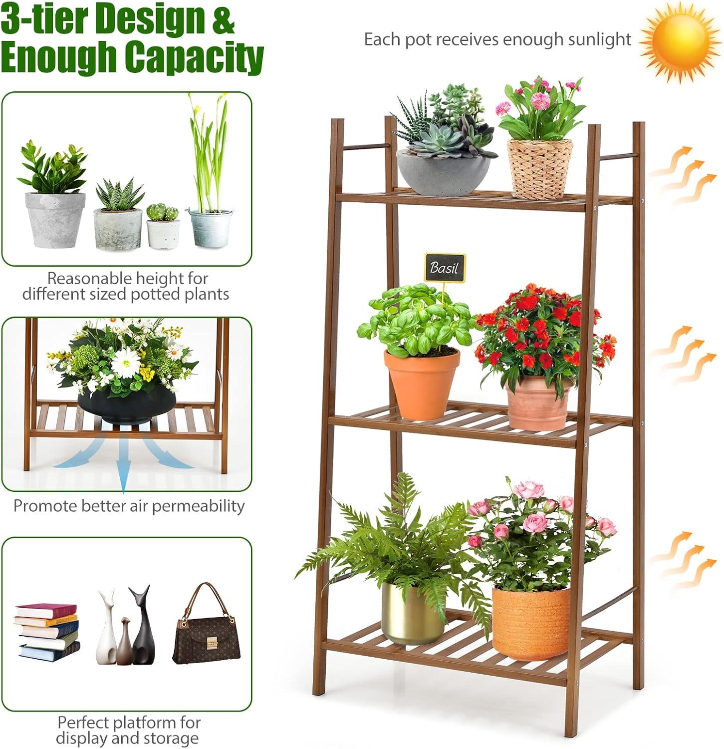 image:imageGiantex 3 Tier Ladder Shelf Bamboo Plant Stand Indoor Outdoor Multifunctional Bookcase Ladder Planter Storage Shelving Unit for Living Room Bathroom Patio Balcony Garden Office Brown
