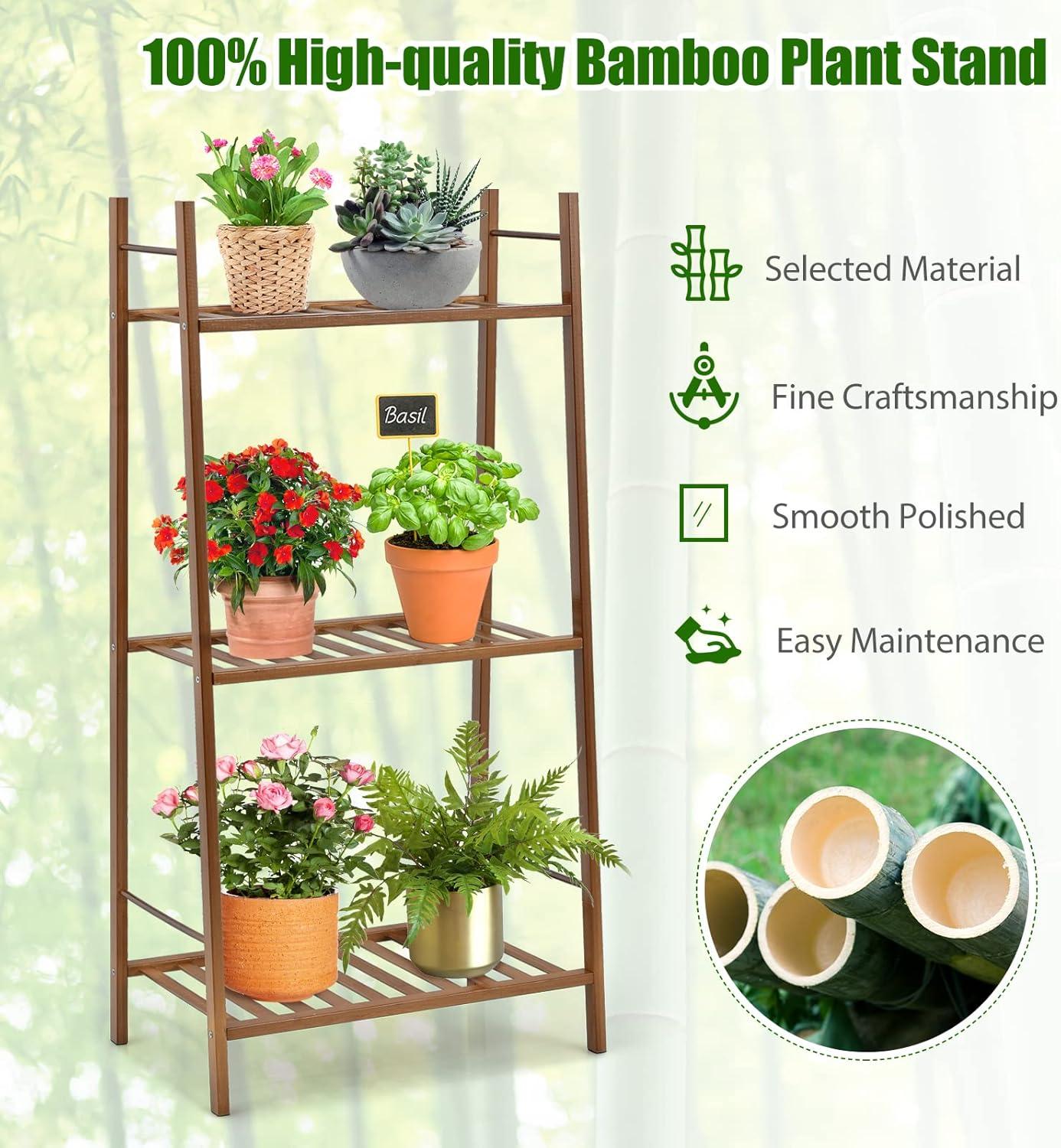 image:imageGiantex 3 Tier Ladder Shelf Bamboo Plant Stand Indoor Outdoor Multifunctional Bookcase Ladder Planter Storage Shelving Unit for Living Room Bathroom Patio Balcony Garden Office Brown
