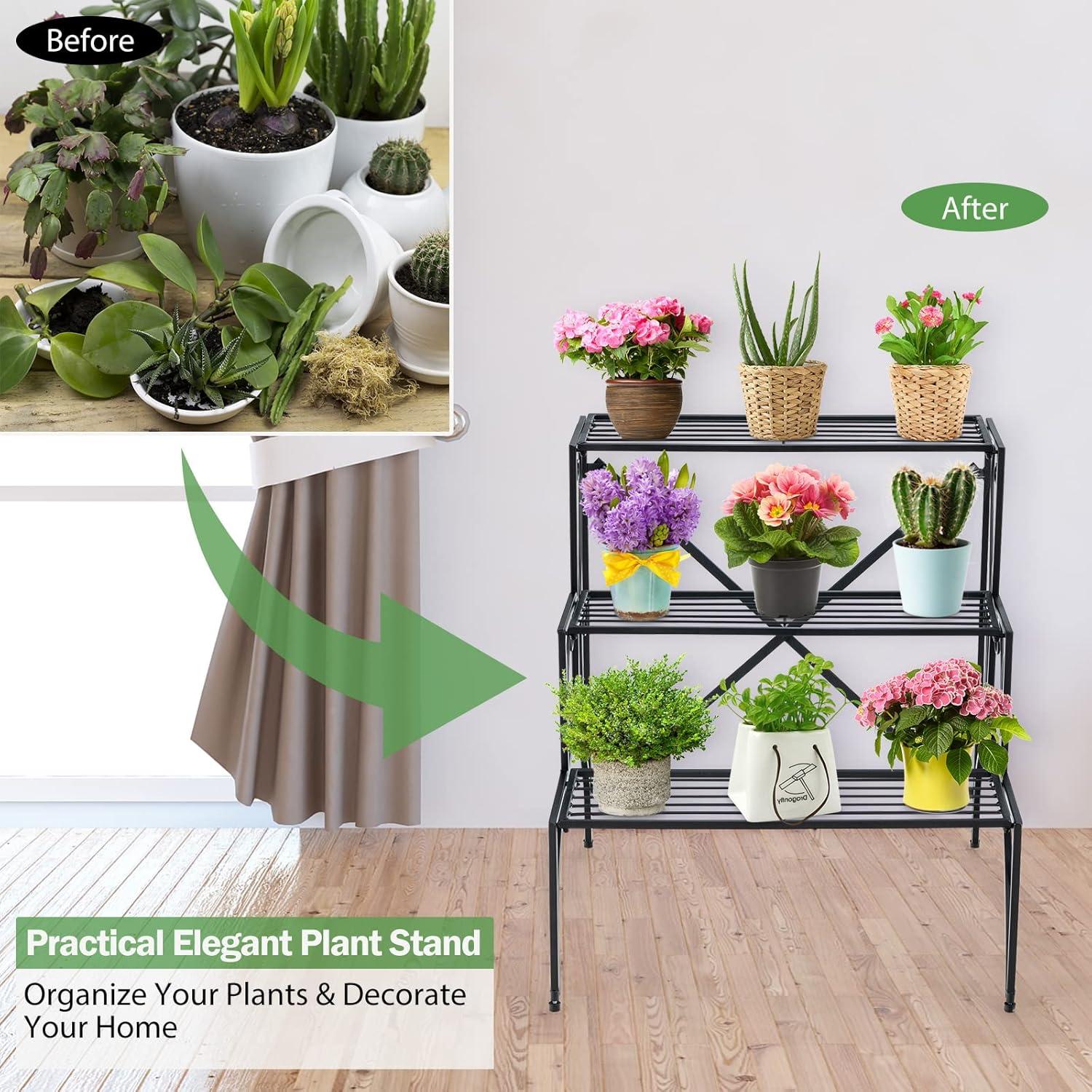 image:imageGiantex 3 Tier Metal Plant Stand Black Corner Plant Stand Indoor w Widened Grid Shelf amp NonSlip Foot Pads Display Rack Holder for Outdoor Porch Garden Patio Balcony