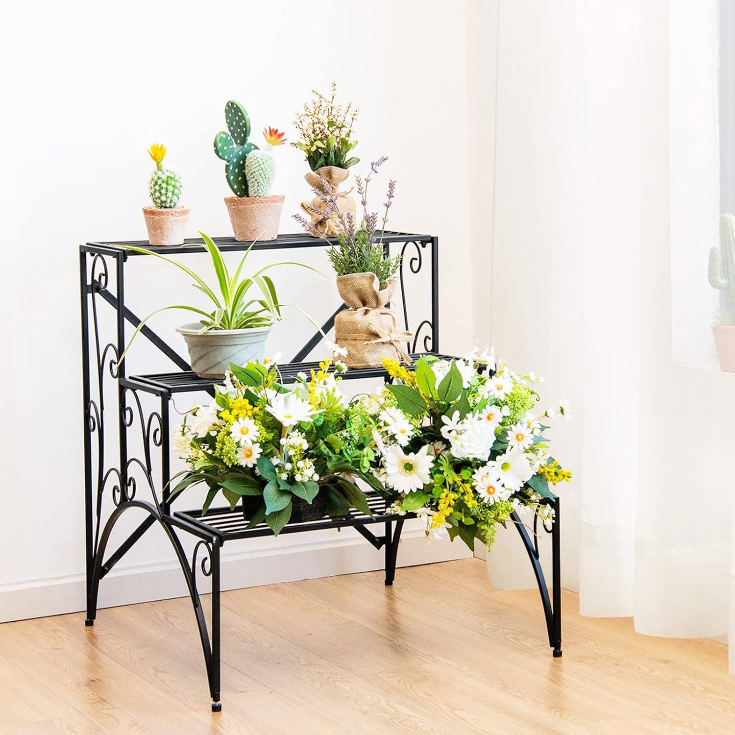 image:imageGiantex 3 Tier Metal Plant Stand Black Corner Plant Stand Indoor w Widened Grid Shelf amp NonSlip Foot Pads Display Rack Holder for Outdoor Porch Garden Patio Balcony
