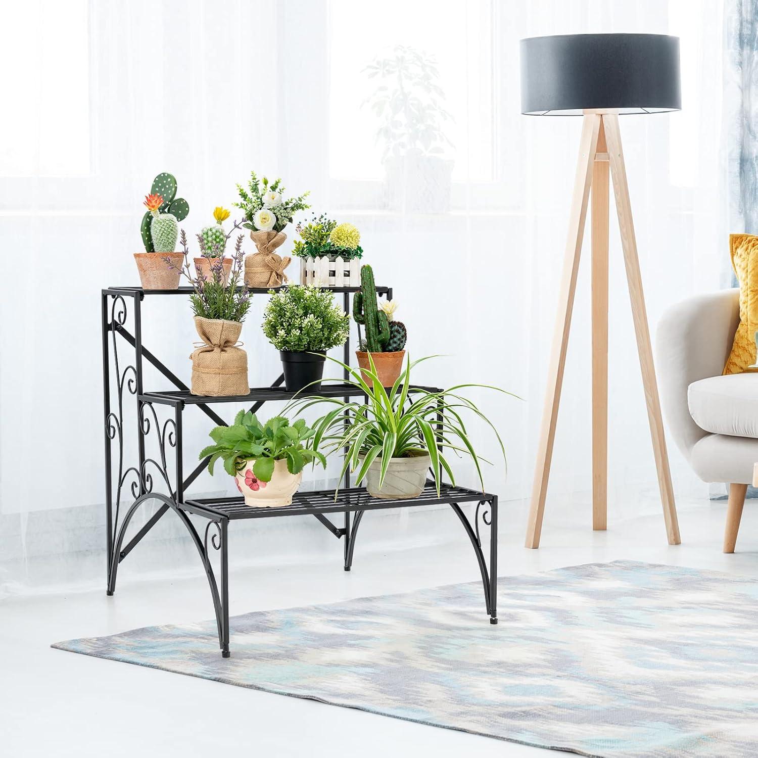 image:imageGiantex 3 Tier Metal Plant Stand Black Corner Plant Stand Indoor w Widened Grid Shelf amp NonSlip Foot Pads Display Rack Holder for Outdoor Porch Garden Patio Balcony