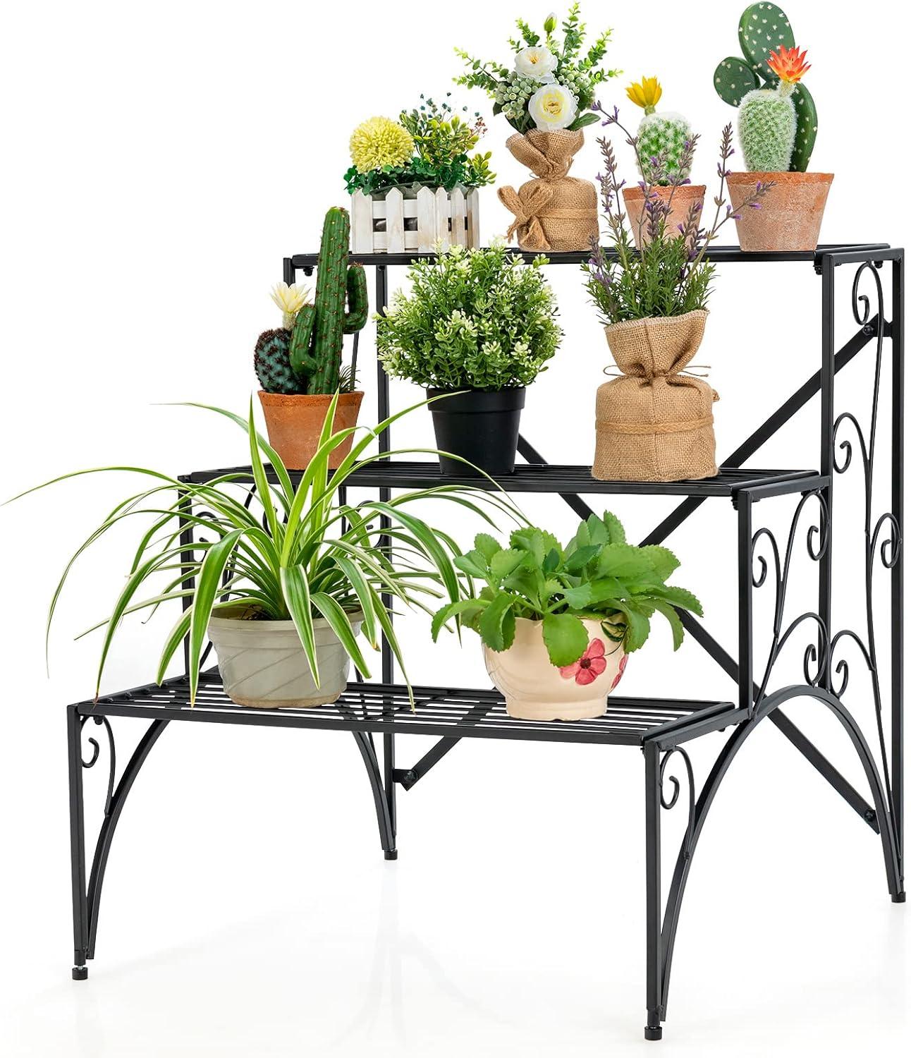 image:imageGiantex 3 Tier Metal Plant Stand Black Corner Plant Stand Indoor w Widened Grid Shelf amp NonSlip Foot Pads Display Rack Holder for Outdoor Porch Garden Patio Balcony
