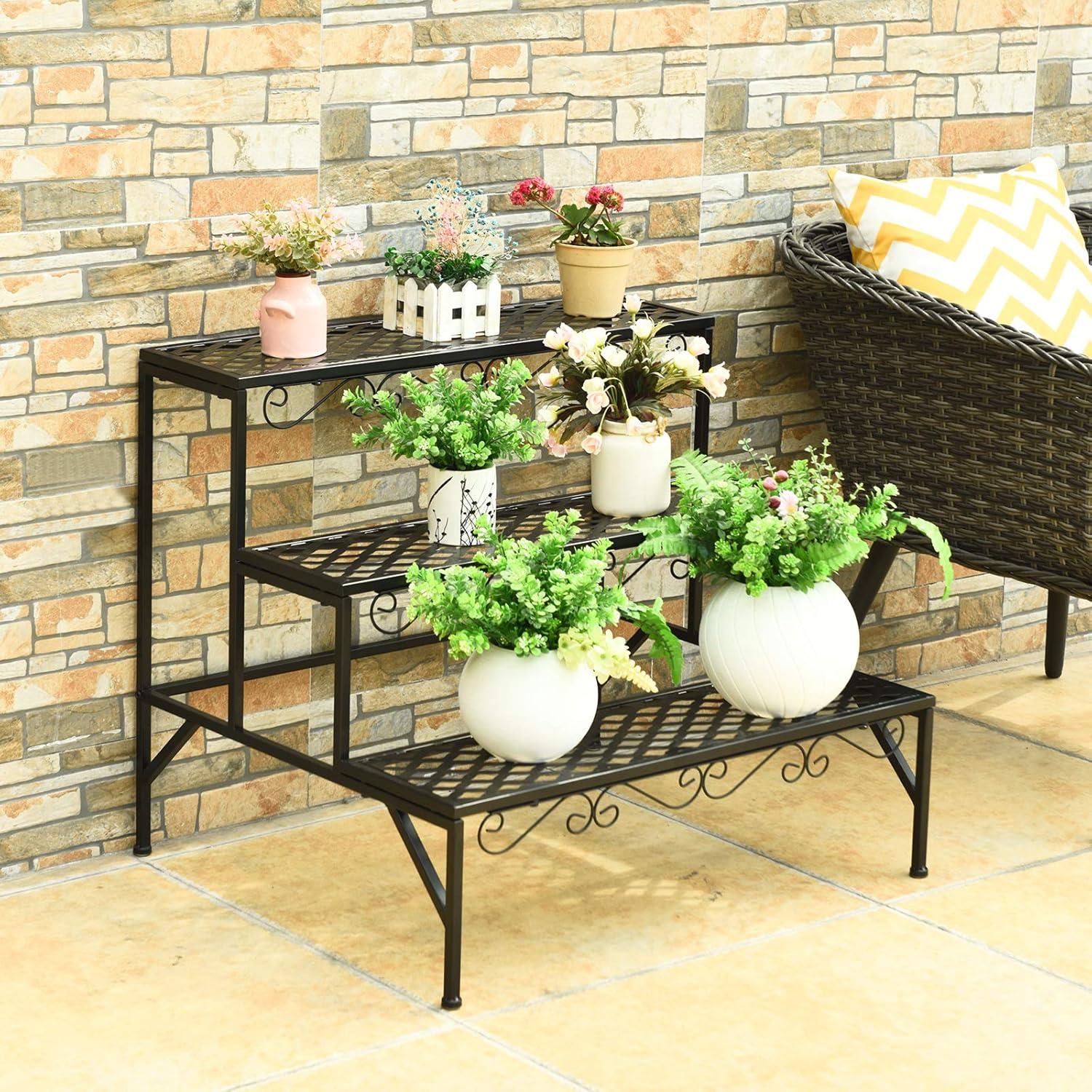 image:imageGiantex 3 Tiers Black Metal Plant Stand Metal Plant Shelf Stands w 69 Flower Potted Capacity Holders Multiple Flower Pot Display Rack for Plants Patio Garden Corner Indoor RectangularRectangular