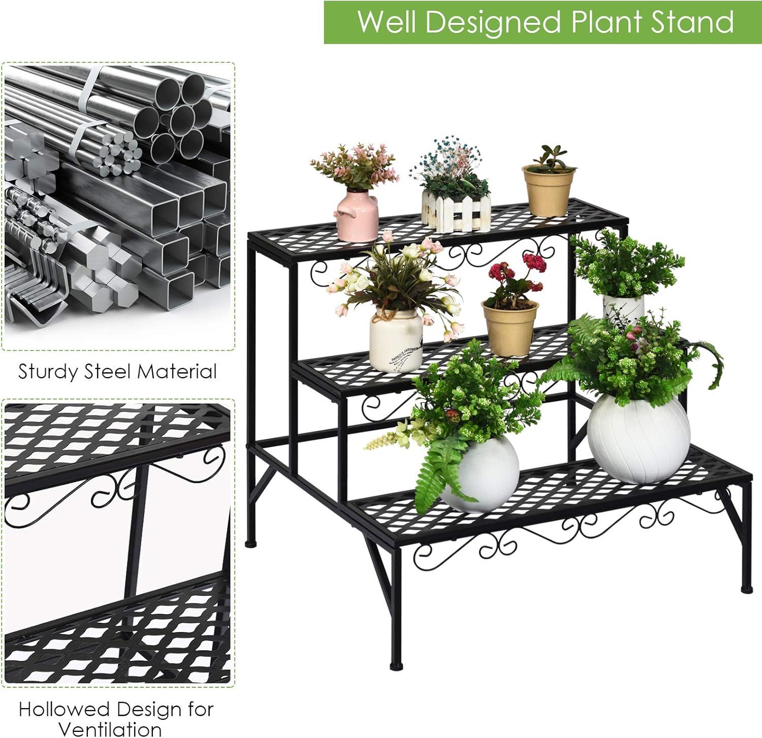 image:imageGiantex 3 Tiers Black Metal Plant Stand Metal Plant Shelf Stands w 69 Flower Potted Capacity Holders Multiple Flower Pot Display Rack for Plants Patio Garden Corner Indoor RectangularRectangular