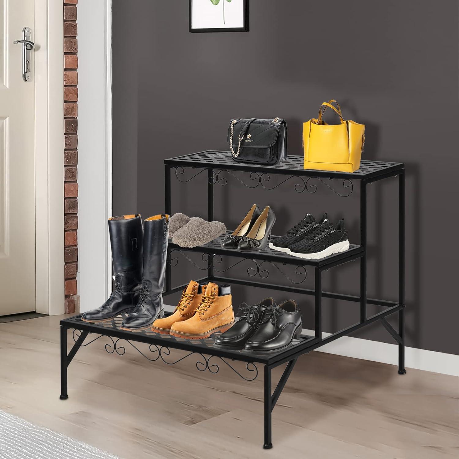 image:imageGiantex 3 Tiers Black Metal Plant Stand Metal Plant Shelf Stands w 69 Flower Potted Capacity Holders Multiple Flower Pot Display Rack for Plants Patio Garden Corner Indoor RectangularRectangular