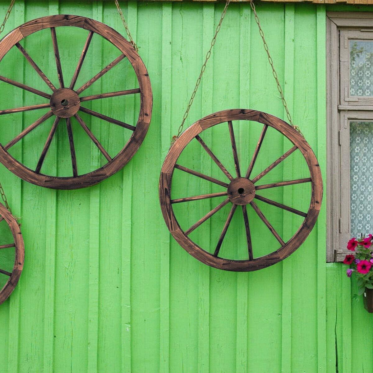 image:imageGiantex 30Inch Wagon Wheels 2 Pieces Carbonized Solid Fir Wood Old Western Style Wall Art Garden Decor Decorative Rustic Hanging Wood Wheels for Yard Garage Bar Farmhouse Outdoor30 2 Pieces