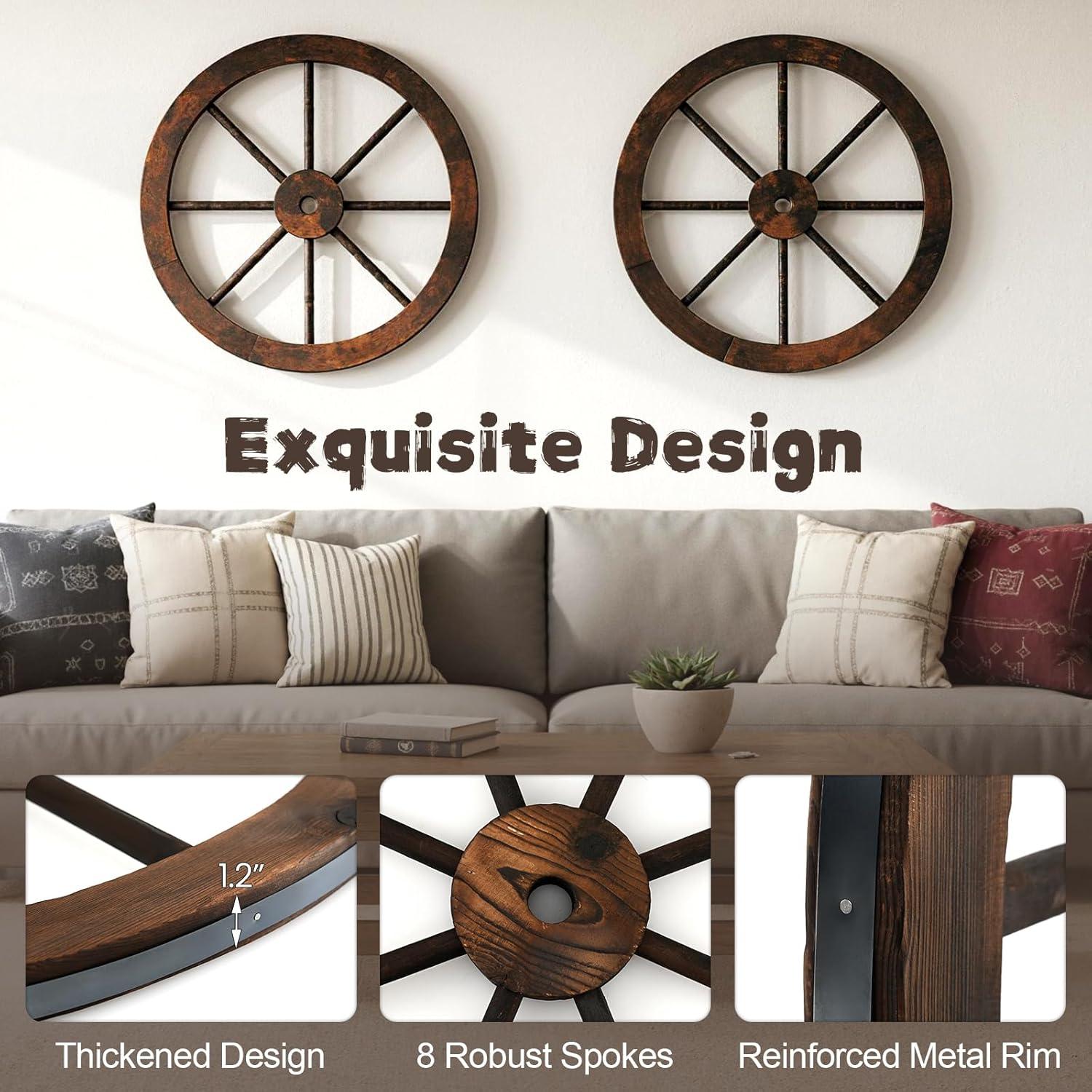 image:imageGiantex 30Inch Wagon Wheels 2 Pieces Carbonized Solid Fir Wood Old Western Style Wall Art Garden Decor Decorative Rustic Hanging Wood Wheels for Yard Garage Bar Farmhouse Outdoor24 4 Pieces