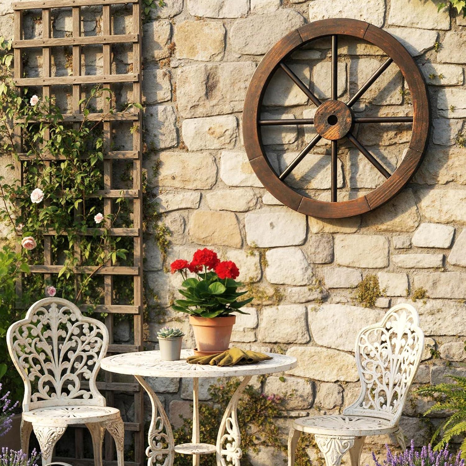 image:imageGiantex 30Inch Wagon Wheels 2 Pieces Carbonized Solid Fir Wood Old Western Style Wall Art Garden Decor Decorative Rustic Hanging Wood Wheels for Yard Garage Bar Farmhouse Outdoor24 4 Pieces