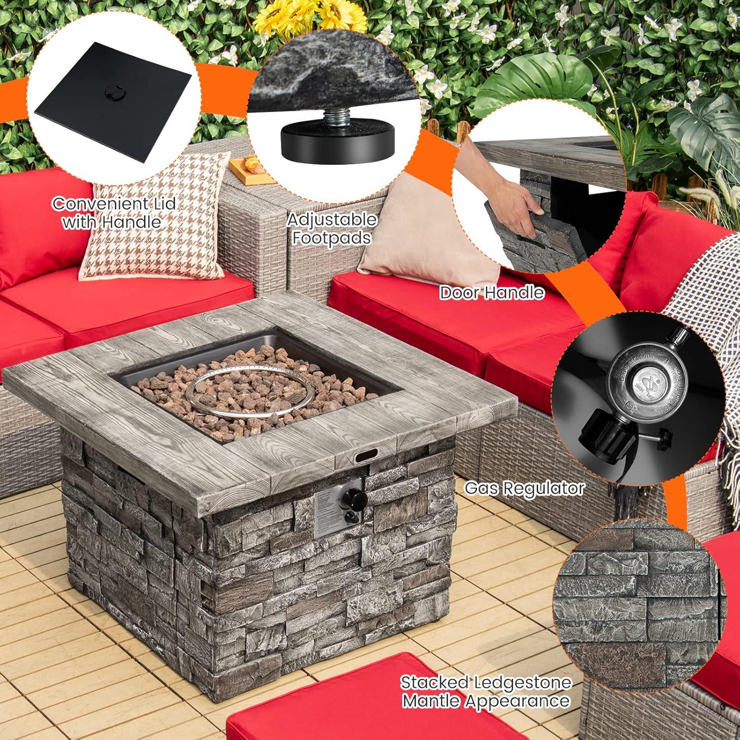 image:imageGiantex 345 Propane Gas Fire Pit Table Patio 2in1 Outdoor Square Fire Table WVolcanic Rock amp PVC Cover Stainless Steel Burner 50000 BTU Heat Output Faux Stone Surface Outside Fireplace