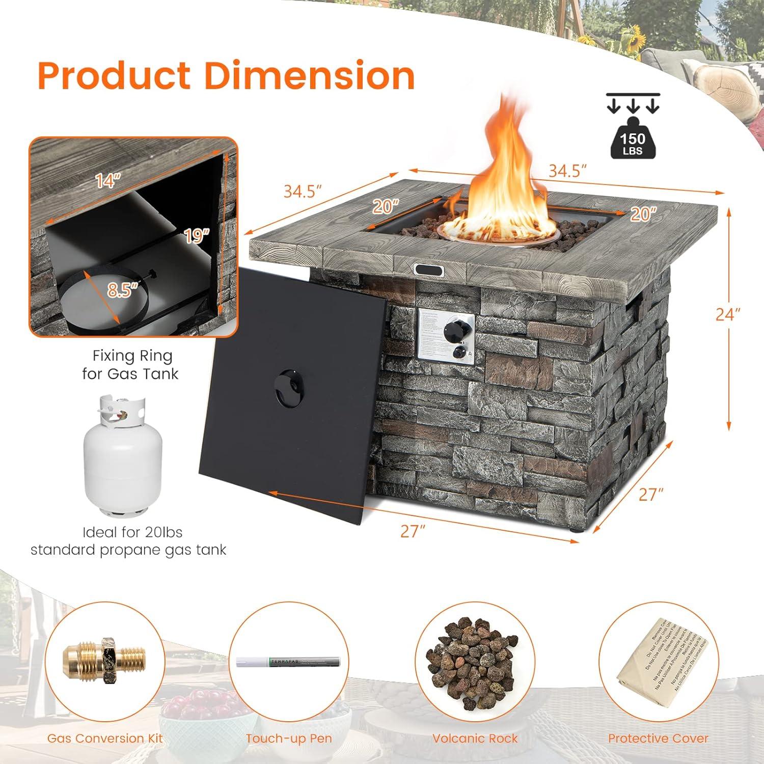 image:imageGiantex 345 Propane Gas Fire Pit Table Patio 2in1 Outdoor Square Fire Table WVolcanic Rock amp PVC Cover Stainless Steel Burner 50000 BTU Heat Output Faux Stone Surface Outside Fireplace