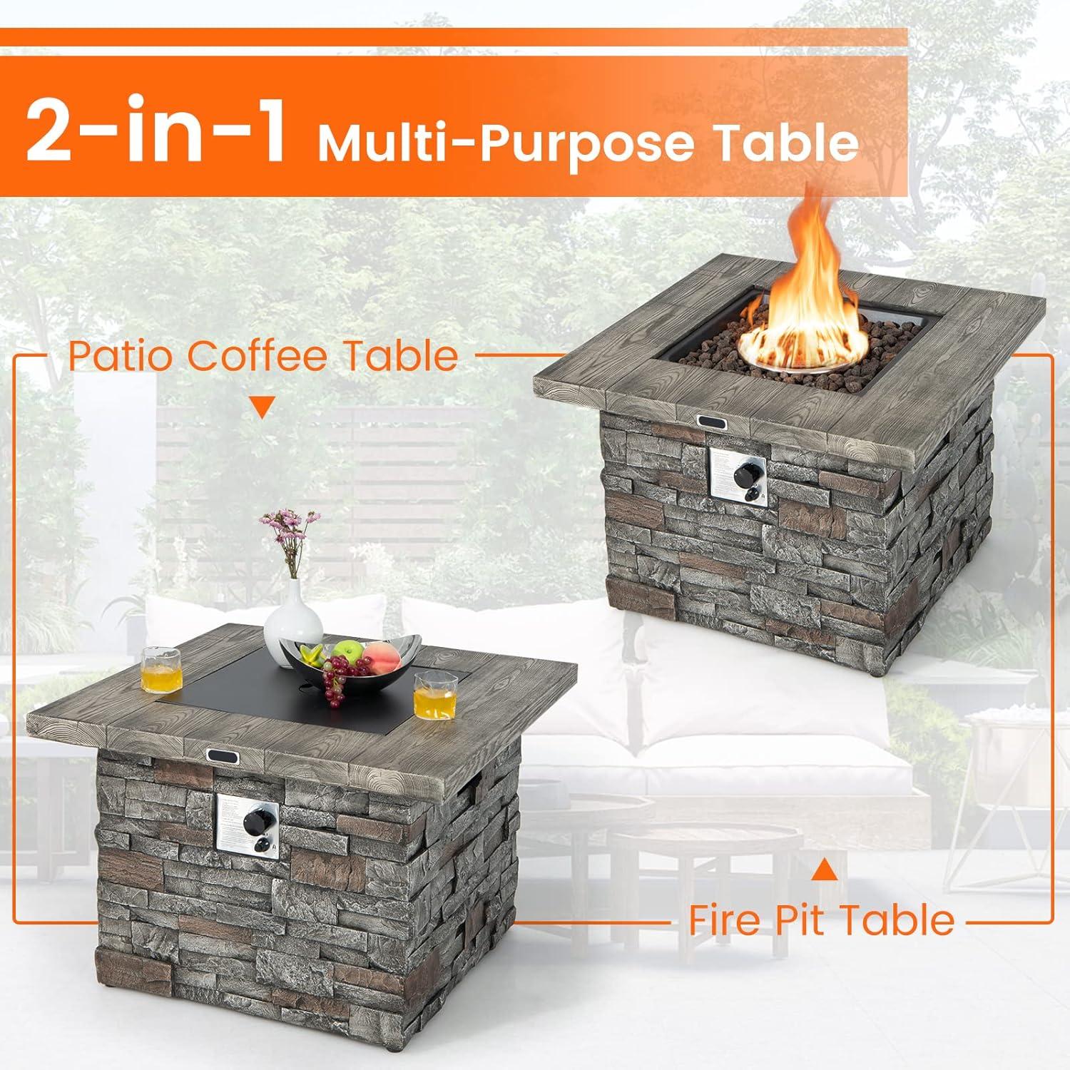 image:imageGiantex 345 Propane Gas Fire Pit Table Patio 2in1 Outdoor Square Fire Table WVolcanic Rock amp PVC Cover Stainless Steel Burner 50000 BTU Heat Output Faux Stone Surface Outside Fireplace