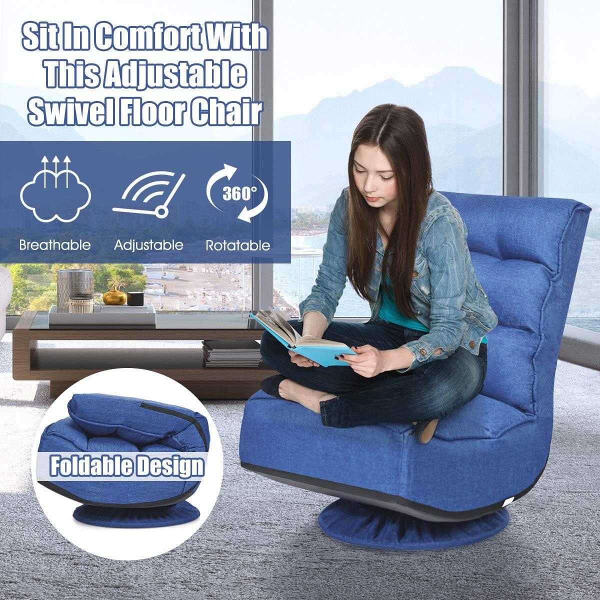 image:imageGiantex 360 Degree Swivel Floor Chair Folding Floor Gaming Chair with 6 Positions Adjustable Lazy Sofa Lounge Chair wTufted Back Support Video Gaming Chair for Reading TV Watching BlackNavy Blue