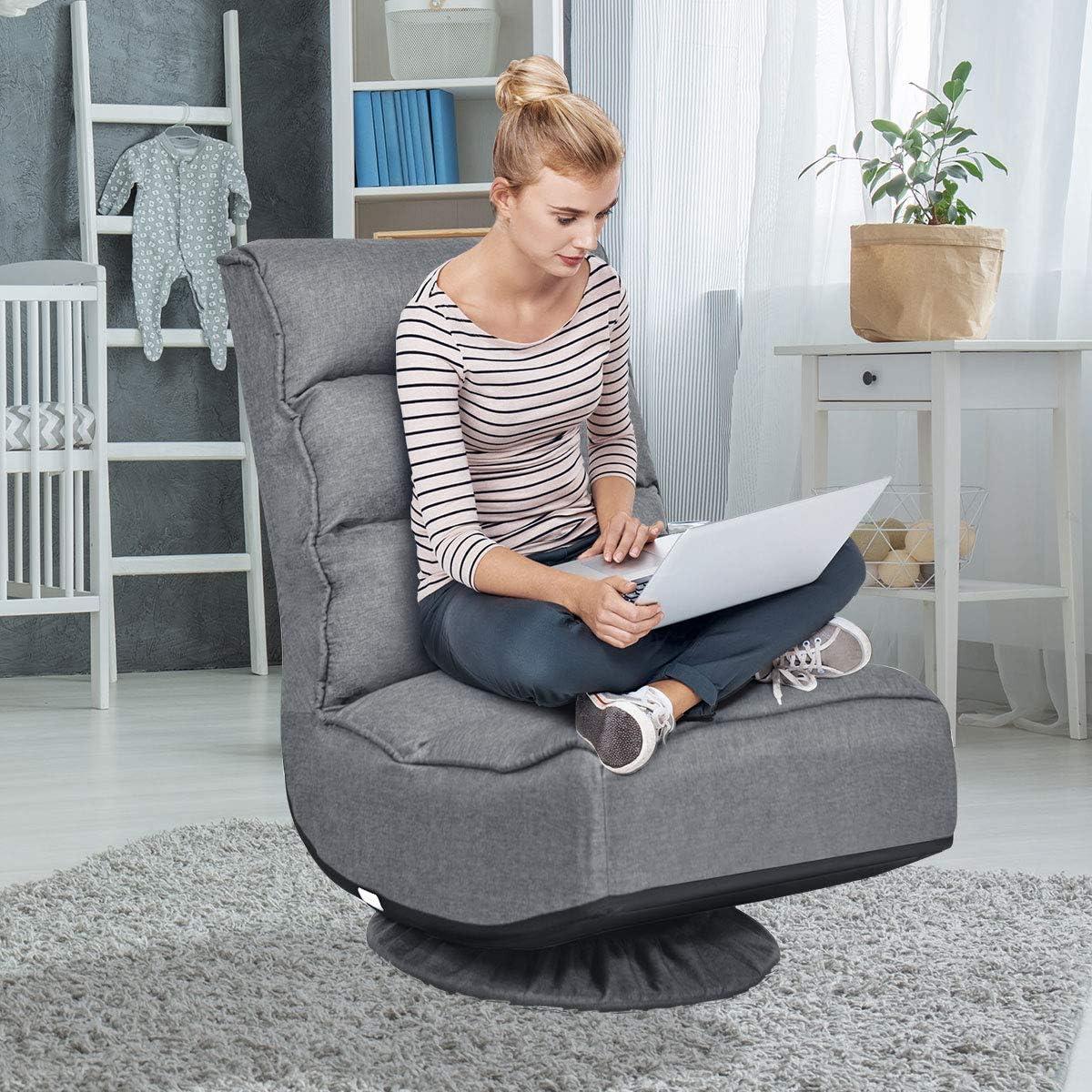 image:imageGiantex 360 Degree Swivel Floor Chair Folding Floor Gaming Chair with 6 Positions Adjustable Lazy Sofa Lounge Chair wTufted Back Support Video Gaming Chair for Reading TV Watching BlackGrey