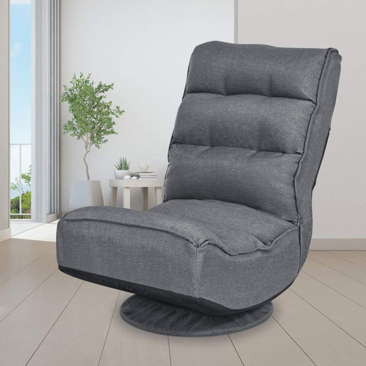 image:imageGiantex 360 Degree Swivel Floor Chair Folding Floor Gaming Chair with 6 Positions Adjustable Lazy Sofa Lounge Chair wTufted Back Support Video Gaming Chair for Reading TV Watching BlackGrey