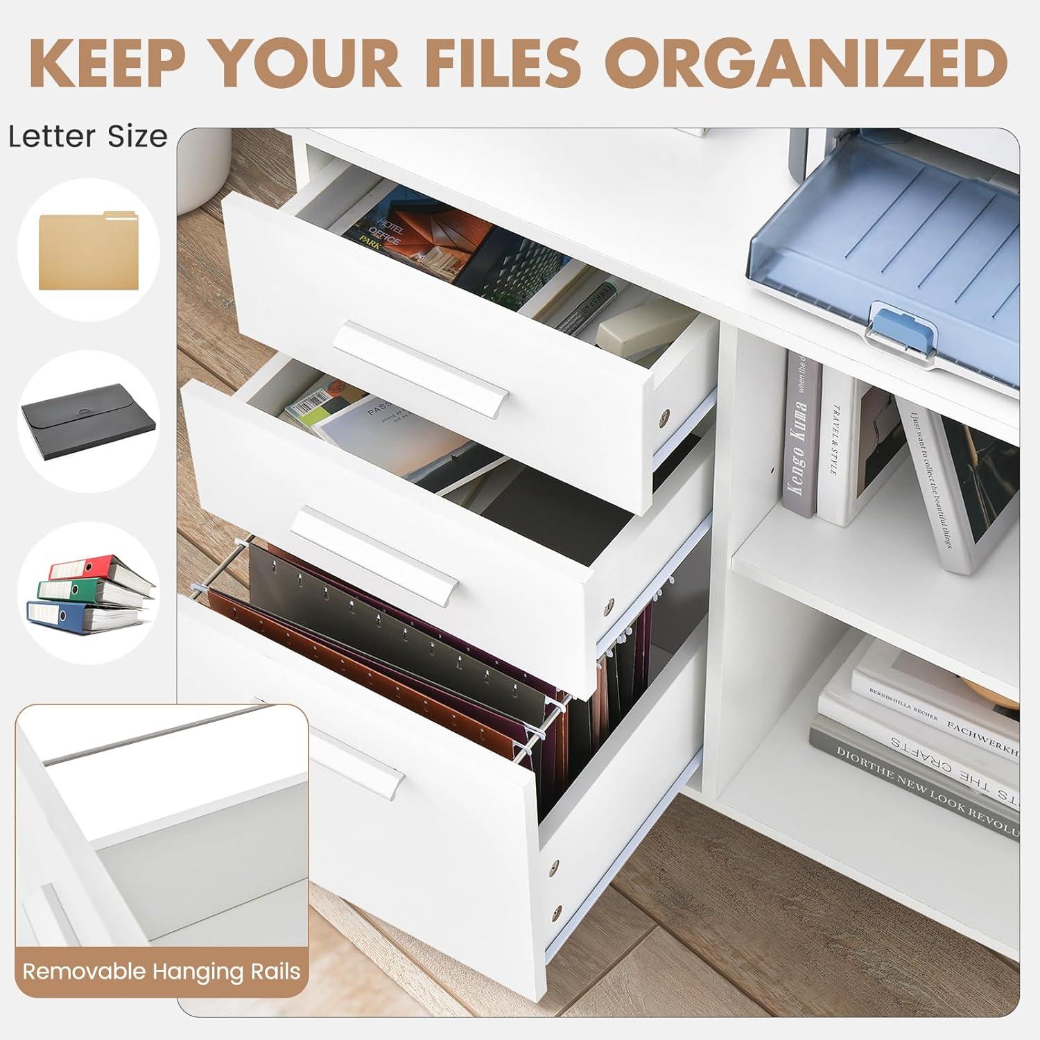 image:imageGiantex 3Drawer File Cabinet for Office Home Mobile Lateral Filing Cabinet with Hanging Bars Open Storage Shelves 5 Universal Wheels Printer Stand for Letter Size Storage Cabinet WhiteWhite