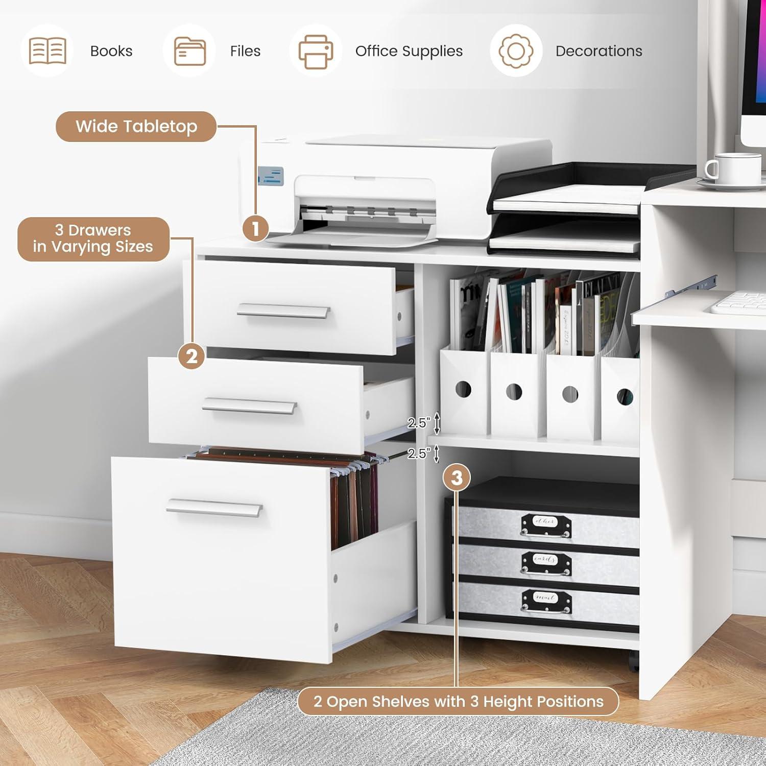 image:imageGiantex 3Drawer File Cabinet for Office Home Mobile Lateral Filing Cabinet with Hanging Bars Open Storage Shelves 5 Universal Wheels Printer Stand for Letter Size Storage Cabinet WhiteWhite