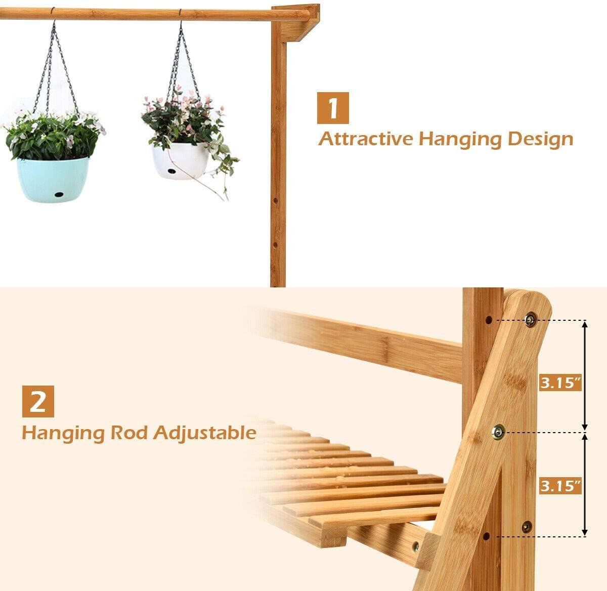 image:imageGiantex 3Tier Hanging Plant Stand Storage Shelf Folding Flower Pot Organizer Display Storage Rack Adjustable Hanger Rod Bamboo Planters Shelves Potted Holder for Patio Garden Balcony Bathroom