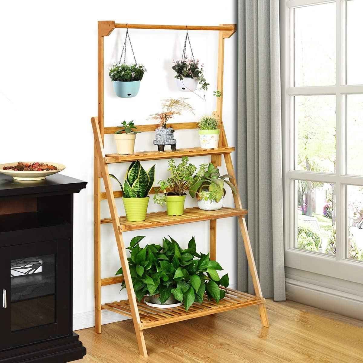 image:imageGiantex 3Tier Hanging Plant Stand Storage Shelf Folding Flower Pot Organizer Display Storage Rack Adjustable Hanger Rod Bamboo Planters Shelves Potted Holder for Patio Garden Balcony Bathroom