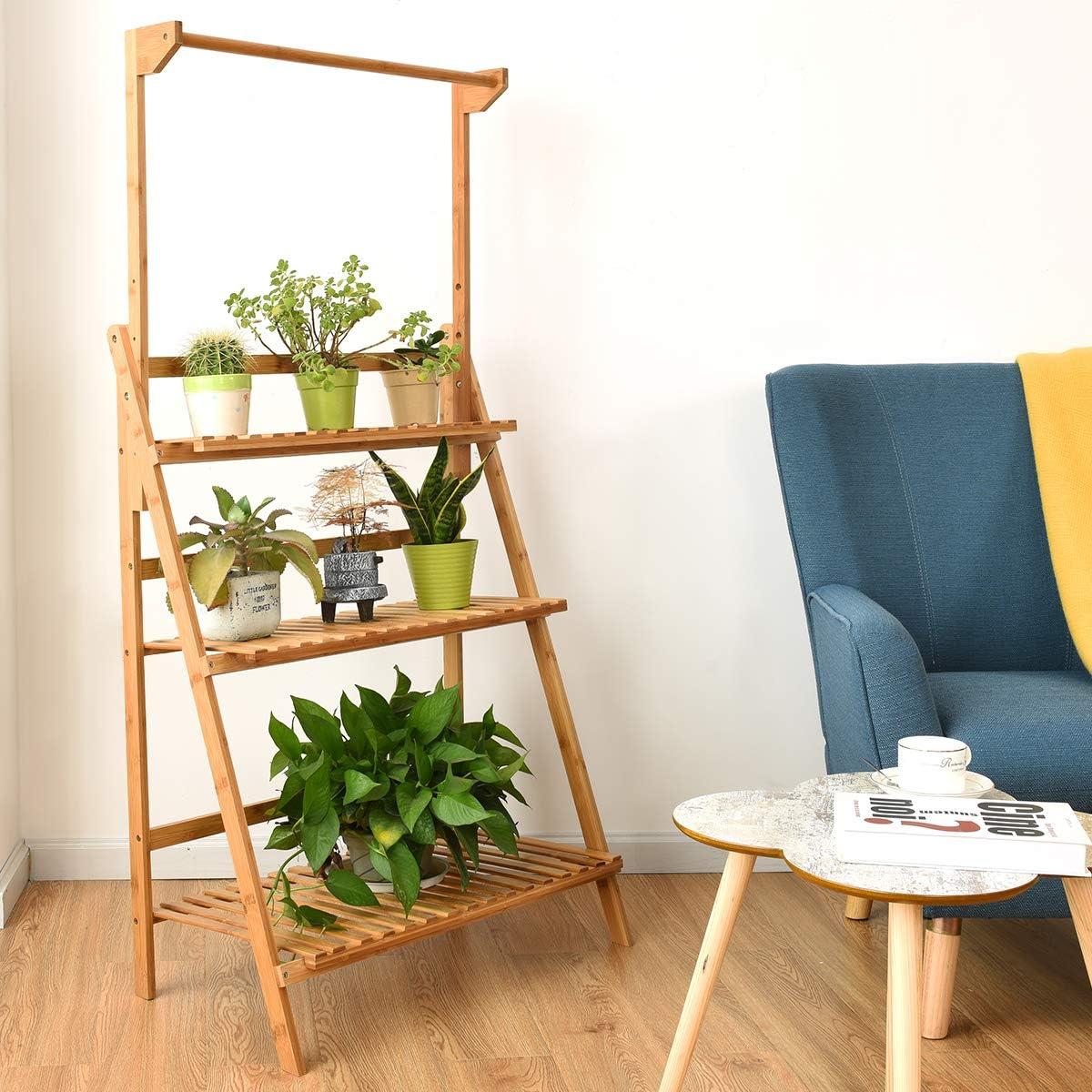 image:imageGiantex 3Tier Hanging Plant Stand Storage Shelf Folding Flower Pot Organizer Display Storage Rack Adjustable Hanger Rod Bamboo Planters Shelves Potted Holder for Patio Garden Balcony Bathroom