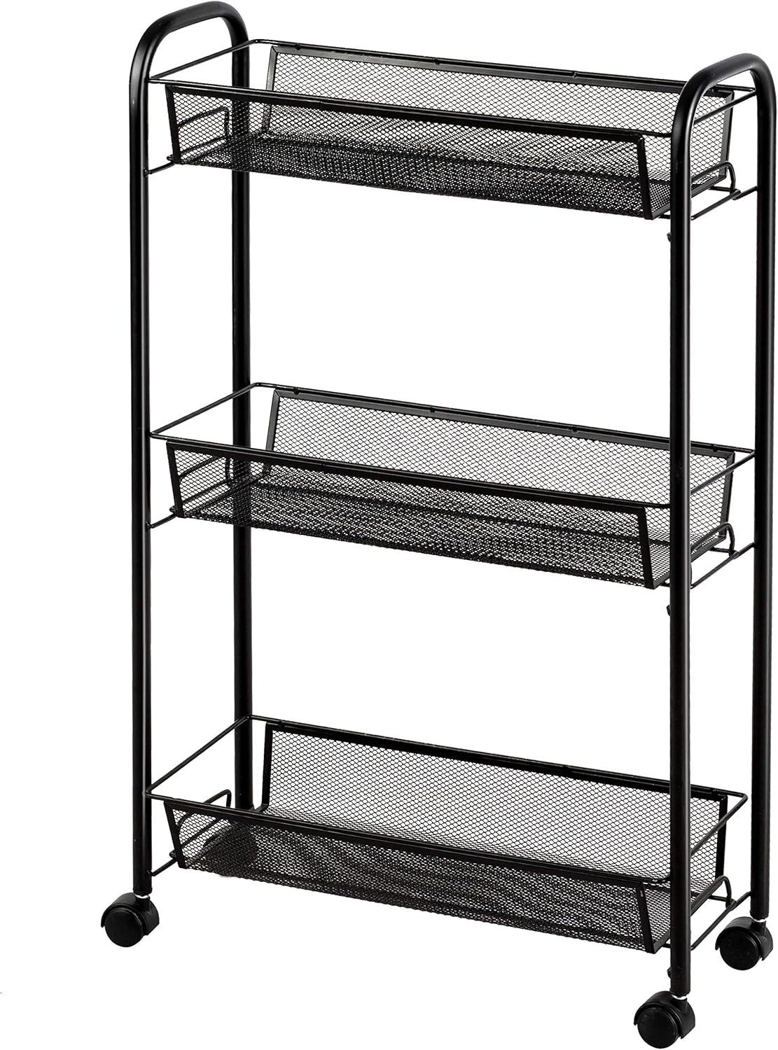 image:imageGiantex 3Tier Mesh Rolling Cart on Wheels Utility Cart Mobile Organizer Multifunctional Storage Cart with 3 Wire Baskets for Home and Office Black