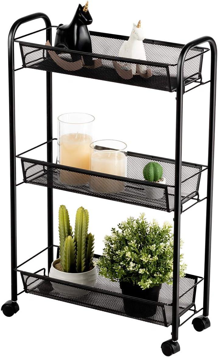 image:imageGiantex 3Tier Mesh Rolling Cart on Wheels Utility Cart Mobile Organizer Multifunctional Storage Cart with 3 Wire Baskets for Home and Office Black