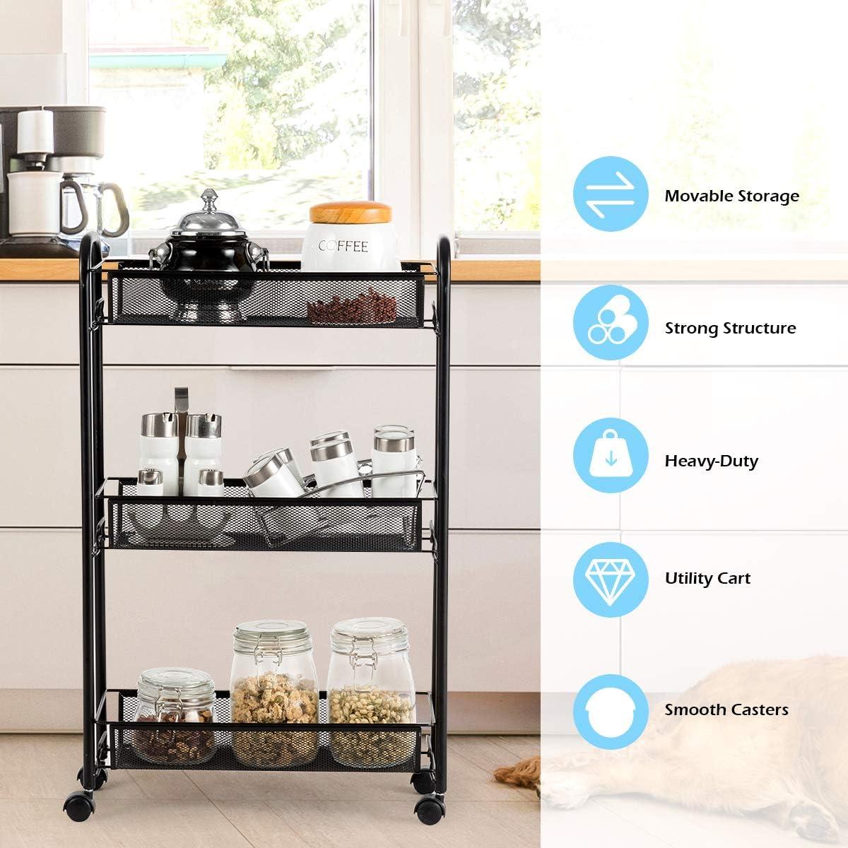image:imageGiantex 3Tier Mesh Rolling Cart on Wheels Utility Cart Mobile Organizer Multifunctional Storage Cart with 3 Wire Baskets for Home and Office Black