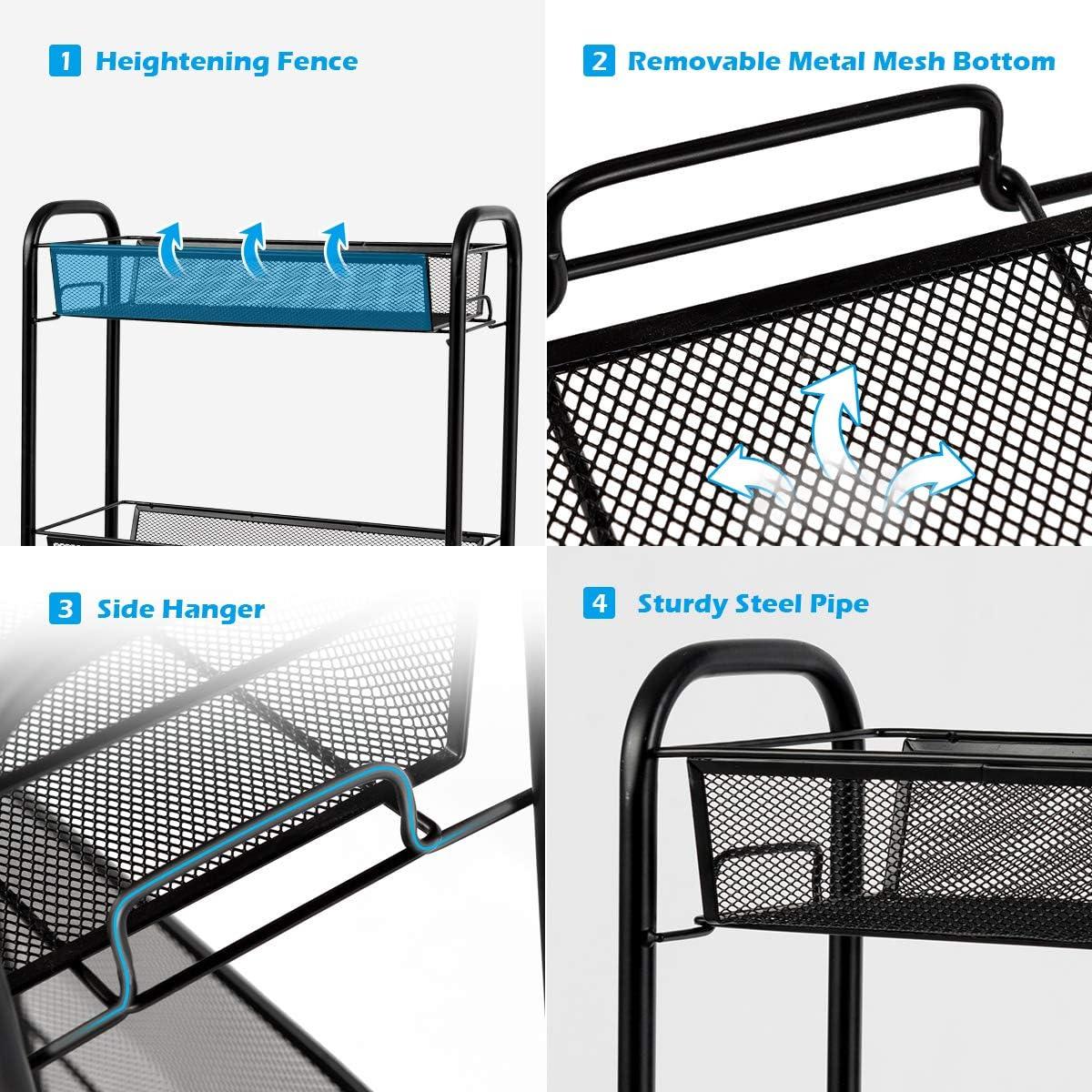 image:imageGiantex 3Tier Mesh Rolling Cart on Wheels Utility Cart Mobile Organizer Multifunctional Storage Cart with 3 Wire Baskets for Home and Office Black