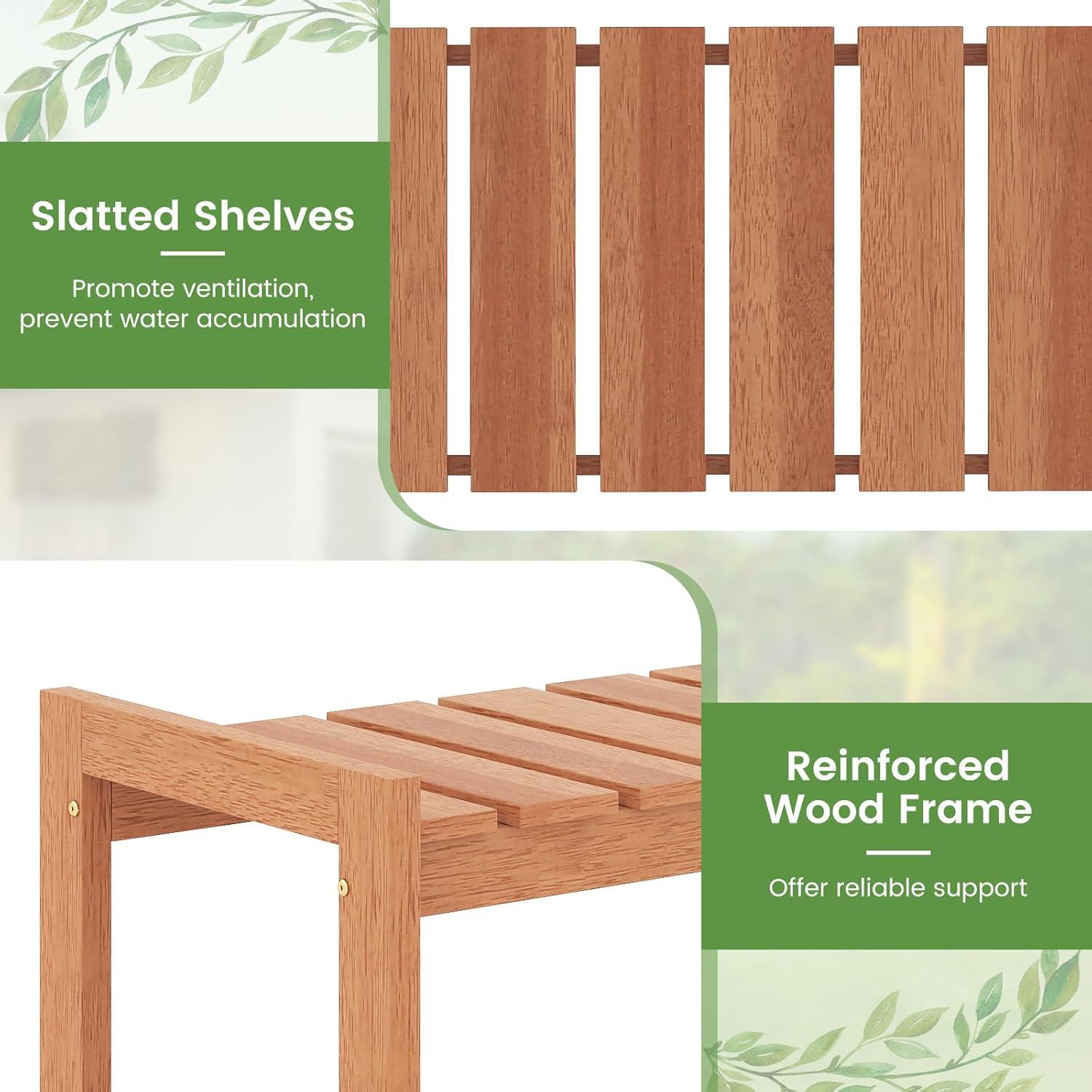 image:imageGiantex 3Tier Plant Stand Indoor Solid Wood Flower Pot Display Rack w Slatted Shelves Take Oil Finish Bookshelf Shoe Rack Indoor Outdoor Storage Shelf for Patio Garden Balcony Home Living Room Entryway
