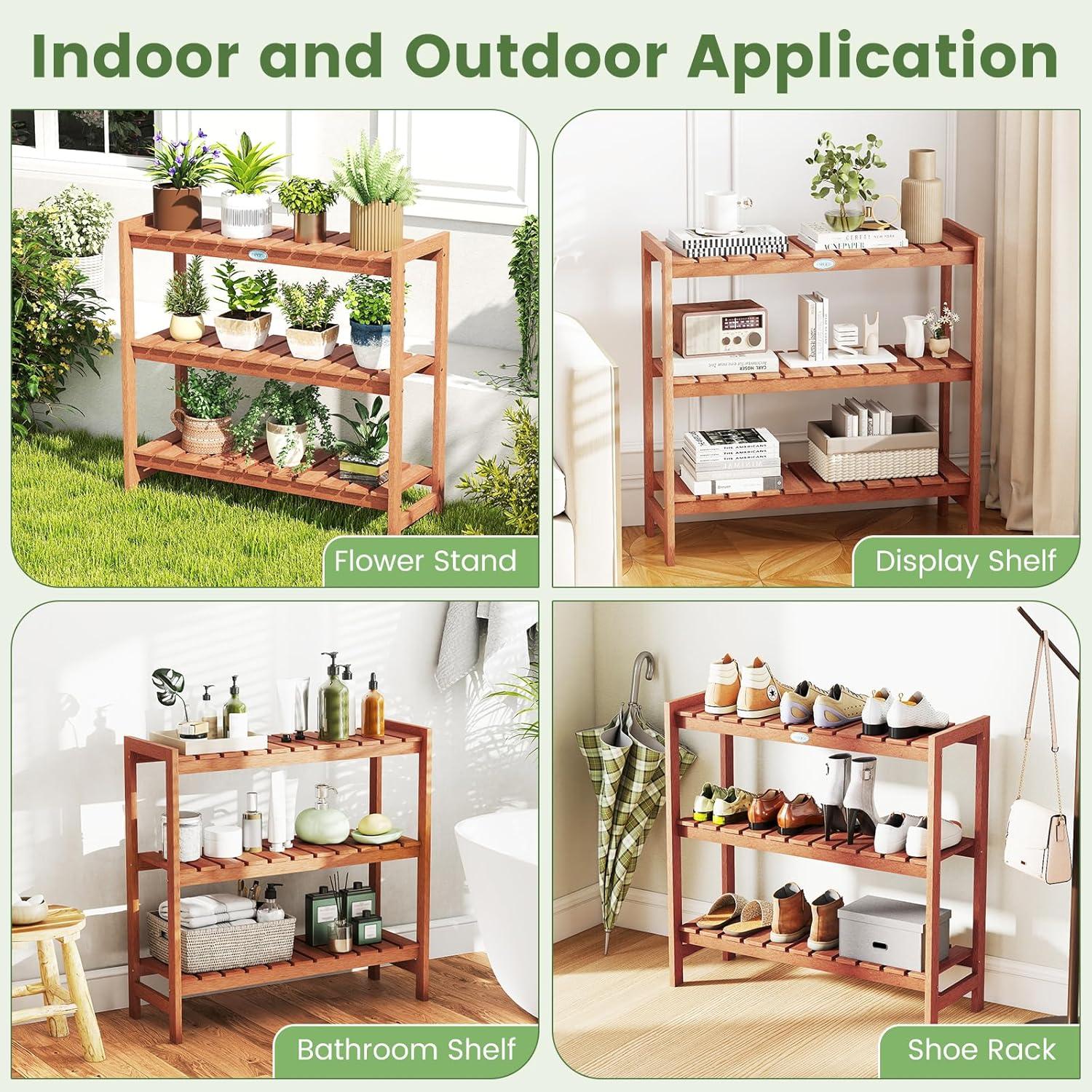 image:imageGiantex 3Tier Plant Stand Indoor Solid Wood Flower Pot Display Rack w Slatted Shelves Take Oil Finish Bookshelf Shoe Rack Indoor Outdoor Storage Shelf for Patio Garden Balcony Home Living Room Entryway