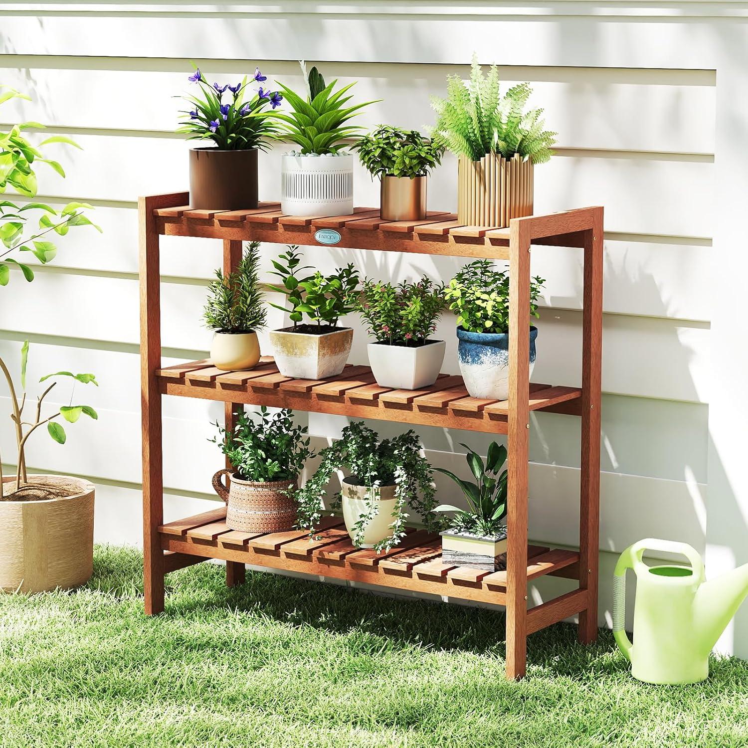 image:imageGiantex 3Tier Plant Stand Indoor Solid Wood Flower Pot Display Rack w Slatted Shelves Take Oil Finish Bookshelf Shoe Rack Indoor Outdoor Storage Shelf for Patio Garden Balcony Home Living Room Entryway