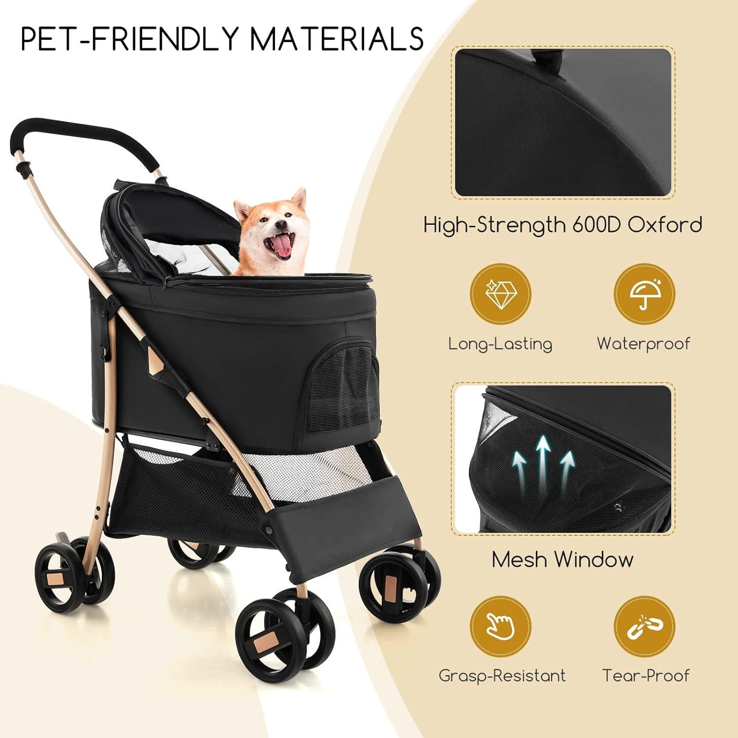 image:imageGiantex 3in1 Folding Dog Stroller Detachable Carrier Car Seat 4 Wheels Pet Travel Stroller with Adjustable Canopy Storage Basket for Small Medium Dogs Cats Puppy Black amp Rose GoldBlack Rose Gold