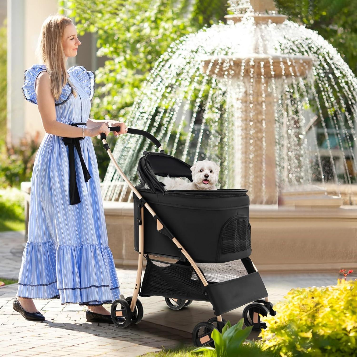 image:imageGiantex 3in1 Folding Dog Stroller Detachable Carrier Car Seat 4 Wheels Pet Travel Stroller with Adjustable Canopy Storage Basket for Small Medium Dogs Cats Puppy Black amp Rose GoldBlack Rose Gold