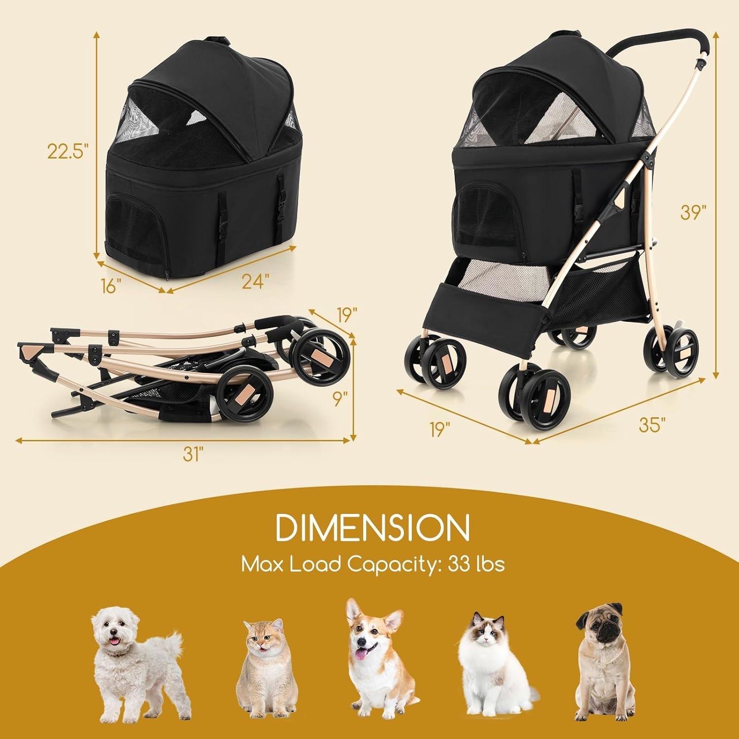 image:imageGiantex 3in1 Folding Dog Stroller Detachable Carrier Car Seat 4 Wheels Pet Travel Stroller with Adjustable Canopy Storage Basket for Small Medium Dogs Cats Puppy Black amp Rose GoldBlack Rose Gold
