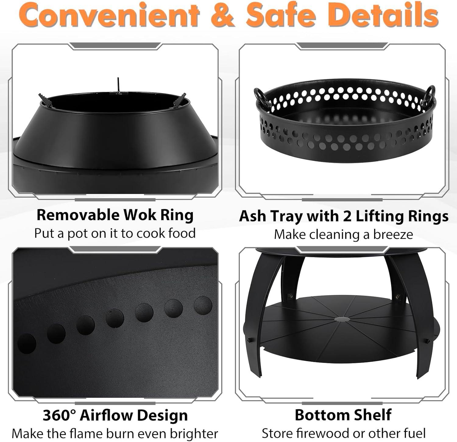 image:imageGiantex 3in1 Outdoor Fire Pit 20 Wood Burning Fire Pits with Removable Wok Ring Ash Pan amp Storage Shelf OxygenEnriched Burning HeavyDuty Portable Fire Bowl for Camping Backyard Patio BBQ