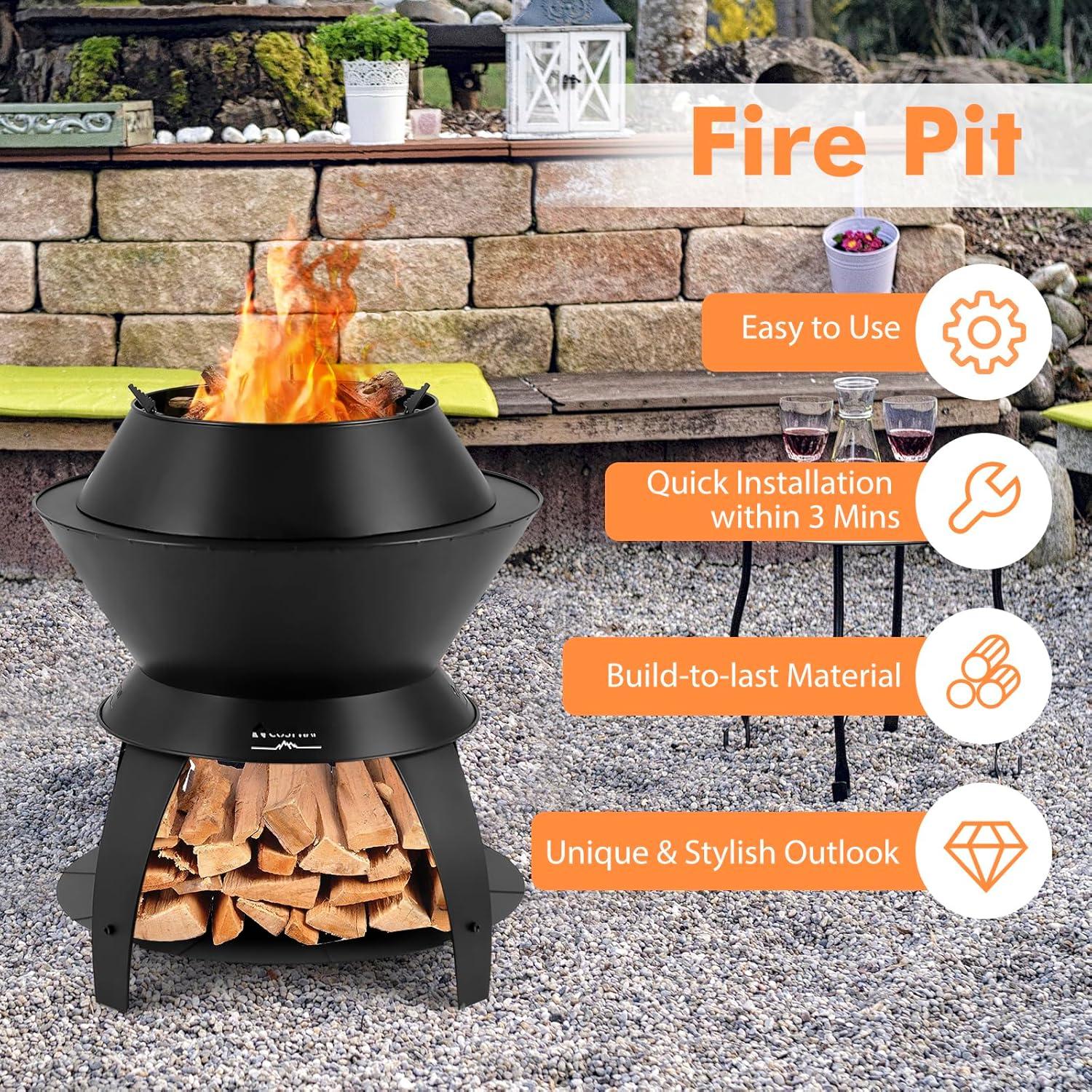 image:imageGiantex 3in1 Outdoor Fire Pit 20 Wood Burning Fire Pits with Removable Wok Ring Ash Pan amp Storage Shelf OxygenEnriched Burning HeavyDuty Portable Fire Bowl for Camping Backyard Patio BBQ